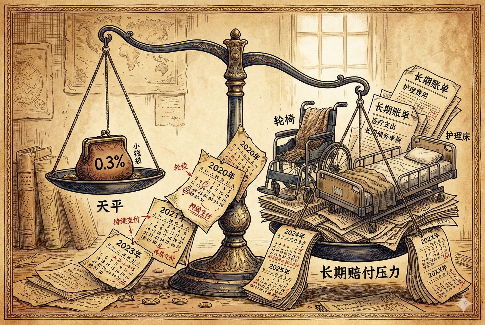 一架明显失衡的天平，一边是写着“0.3%”的小钱袋，另一边堆满轮椅、护理床、长期账单和日历页，日历翻过多年，强调长期赔付压力，羊皮纸，钢笔彩色手绘的统一风格。