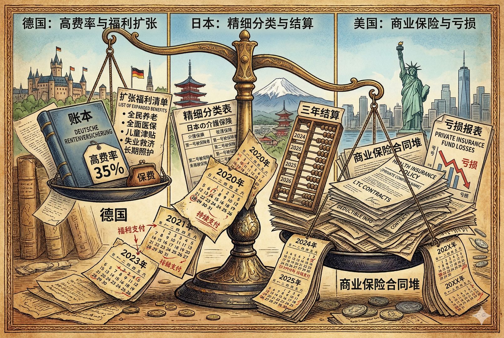 三联画式国际对比场景，左侧德国的高费率账本与扩张福利清单，中间日本的精细分类表和三年结算算盘，右侧美国的商业保险合同堆与亏损报表，三国元素并列对照鲜明，羊皮纸，钢笔彩色手绘的统一风格。