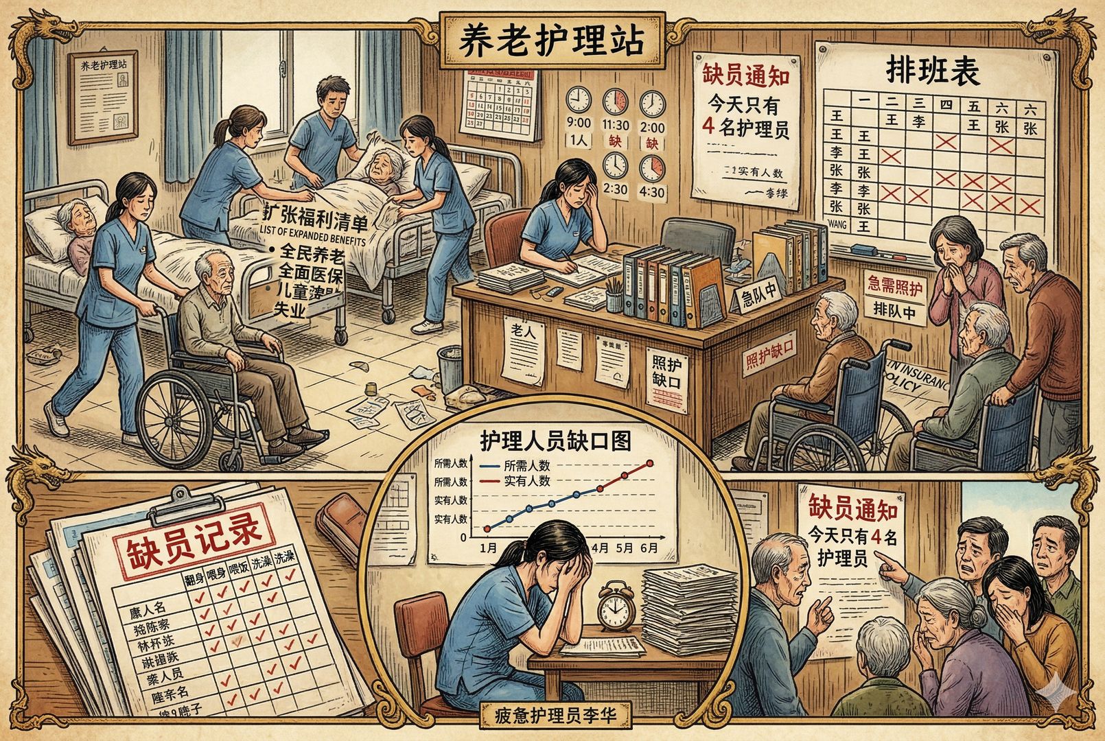一间人手不足的养老护理站，少数疲惫护理员在病床与轮椅之间奔忙，墙上贴着排班表和缺员通知，等待照护的老人和家属神情焦急，直观表现护理人员缺口，羊皮纸，钢笔彩色手绘的统一风格。