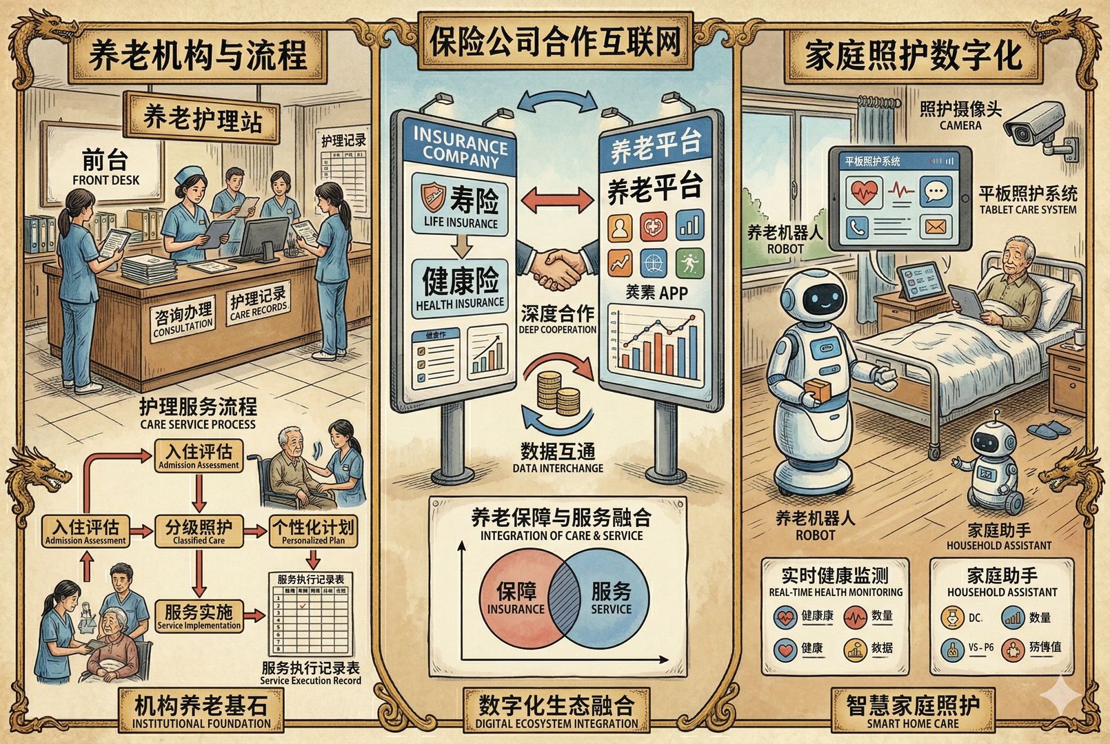 未来发展拼接场景，左边是养老机构前台与护理服务流程，中间是保险公司和互联网平台的合作界面，右边是家庭照护中的摄像头、平板系统与养老机器人，展现中国特色的机构化与数字化路径，羊皮纸，钢笔彩色手绘的统一风格。