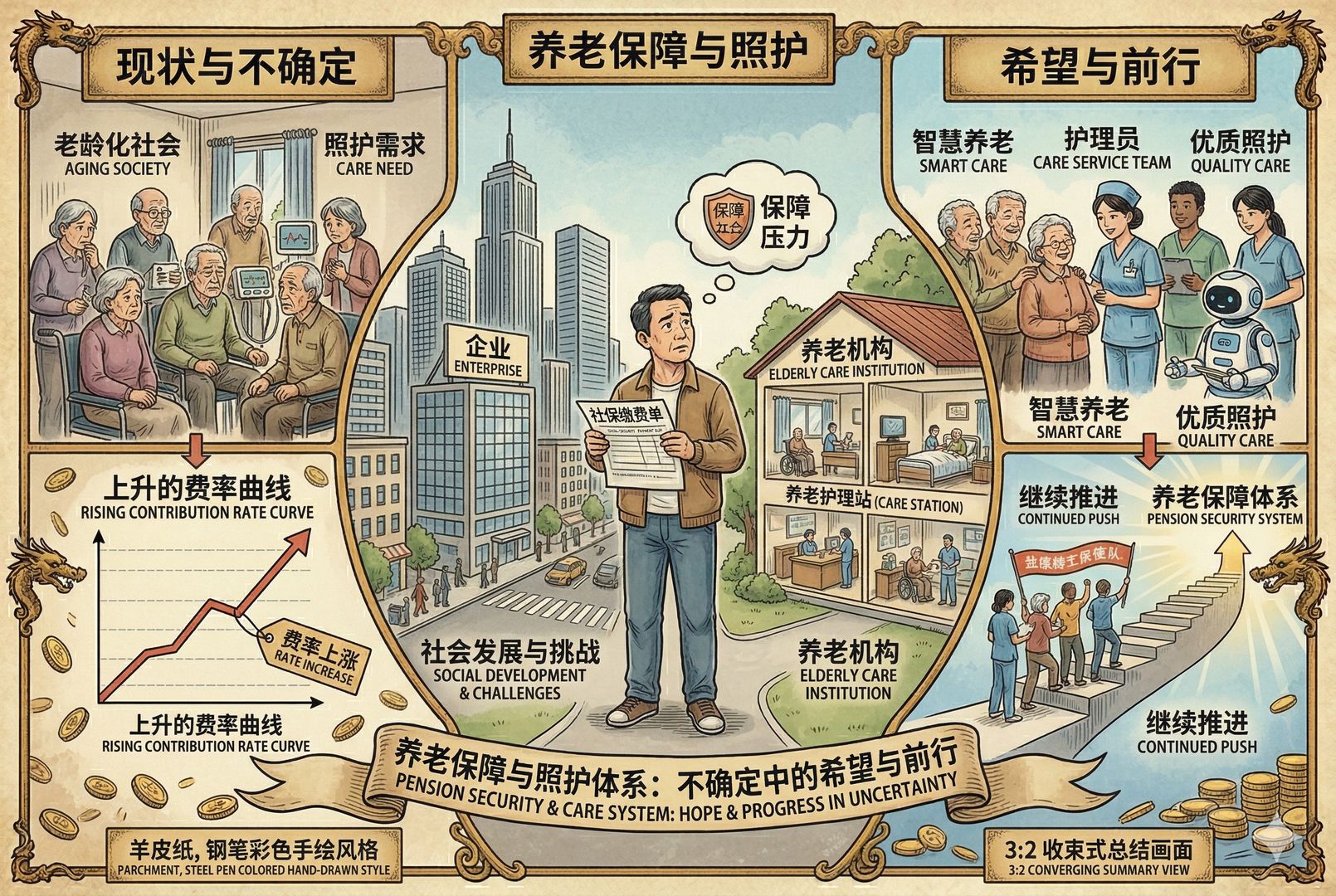 收束式总结画面，一位中年人站在城市与养老院交界处，手里拿着社保缴费单，远处是老人、护理员、机器人与上升的费率曲线并置，既有不确定也有继续推进的希望感，羊皮纸，钢笔彩色手绘的统一风格。