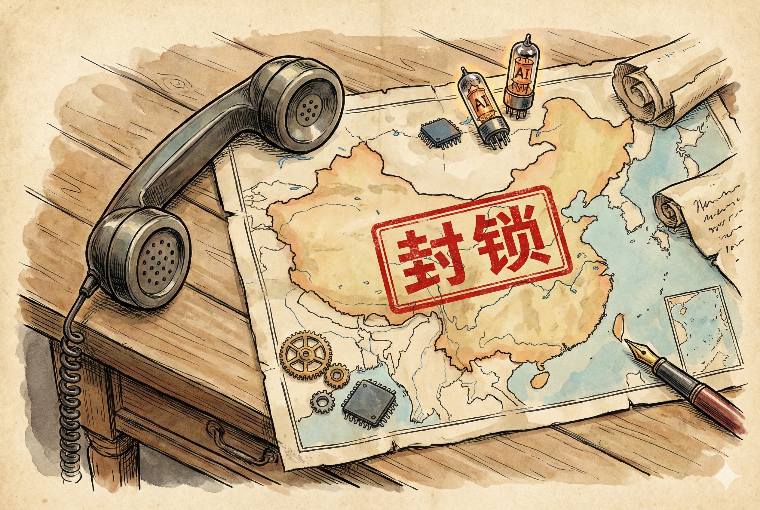 一部复古电话机听筒搁置在桌上，旁边是一张被红色印章盖了“封锁”字样的中国地图，地图上散落着几个代表AI的小零件，羊皮纸，钢笔彩色手绘的统一风格。