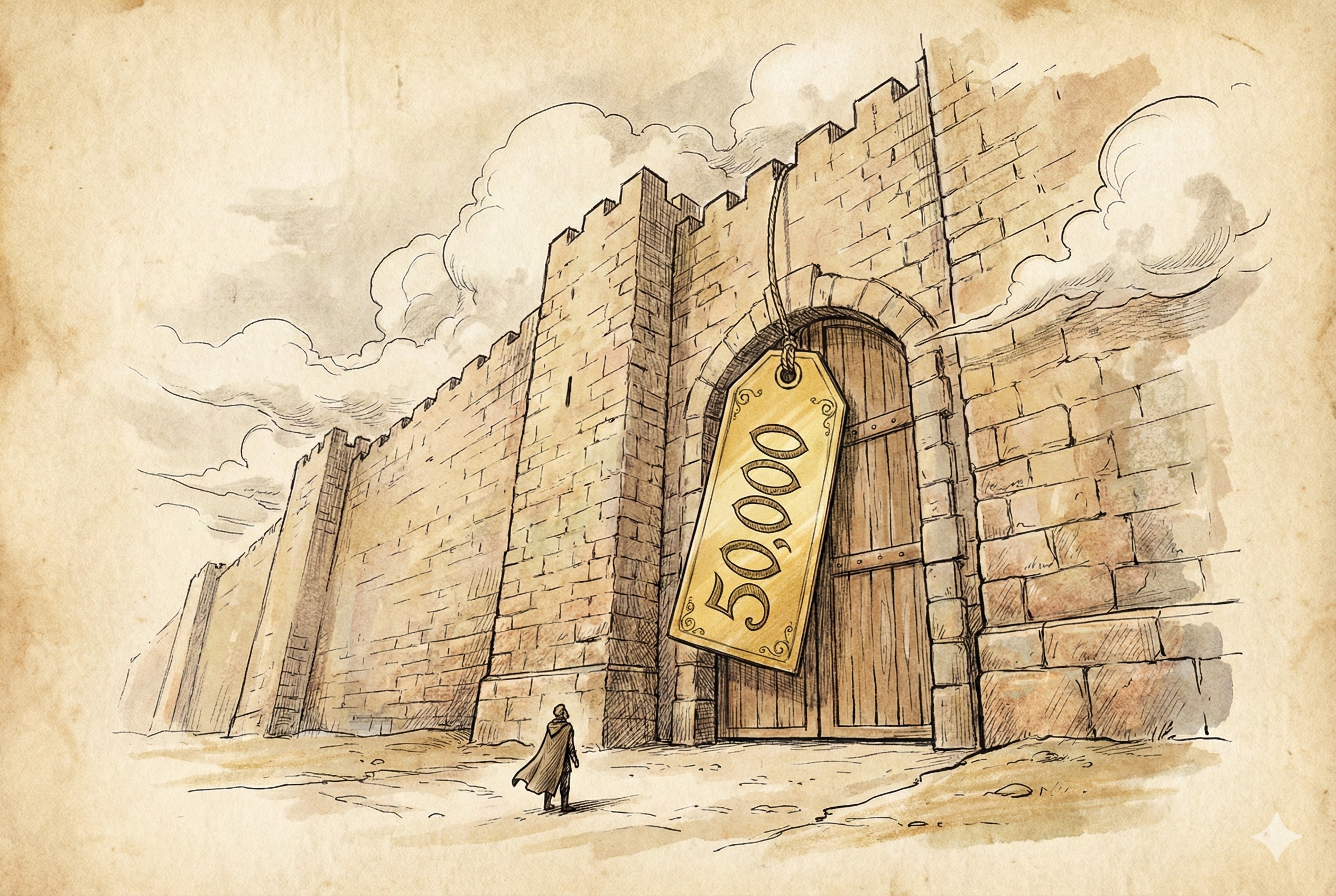 一道高耸入云的坚固城墙挡住了去路，城门上挂着一个巨大的金色价签写着“50,000”，一个渺小的背影站在城墙下仰望，羊皮纸，钢笔彩色手绘的统一风格。
