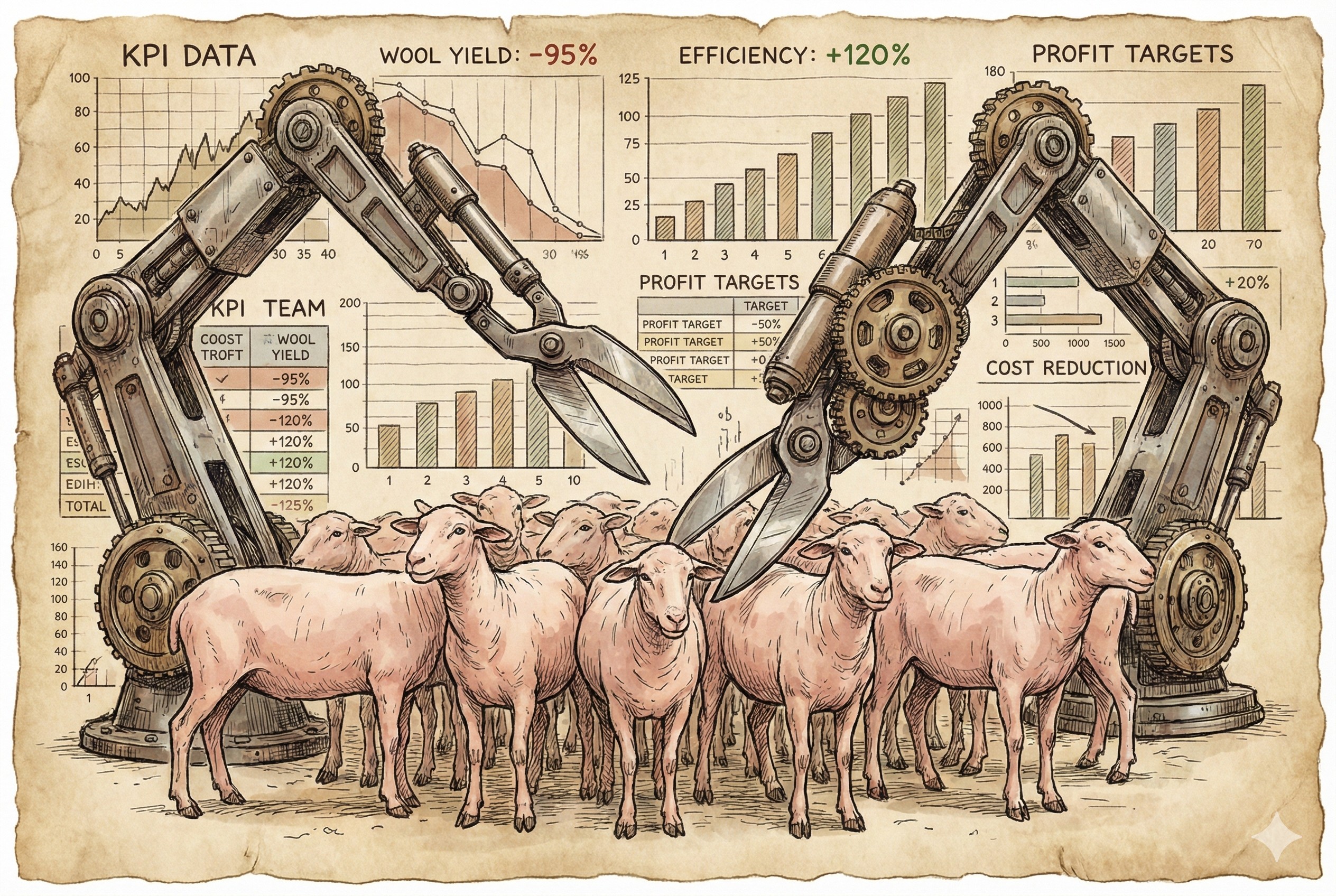 一群可怜的绵羊被巨大的金属机械臂彻底剪光了羊毛，背景是复杂的KPI数据报表，羊皮纸，钢笔彩色手绘的统一风格。