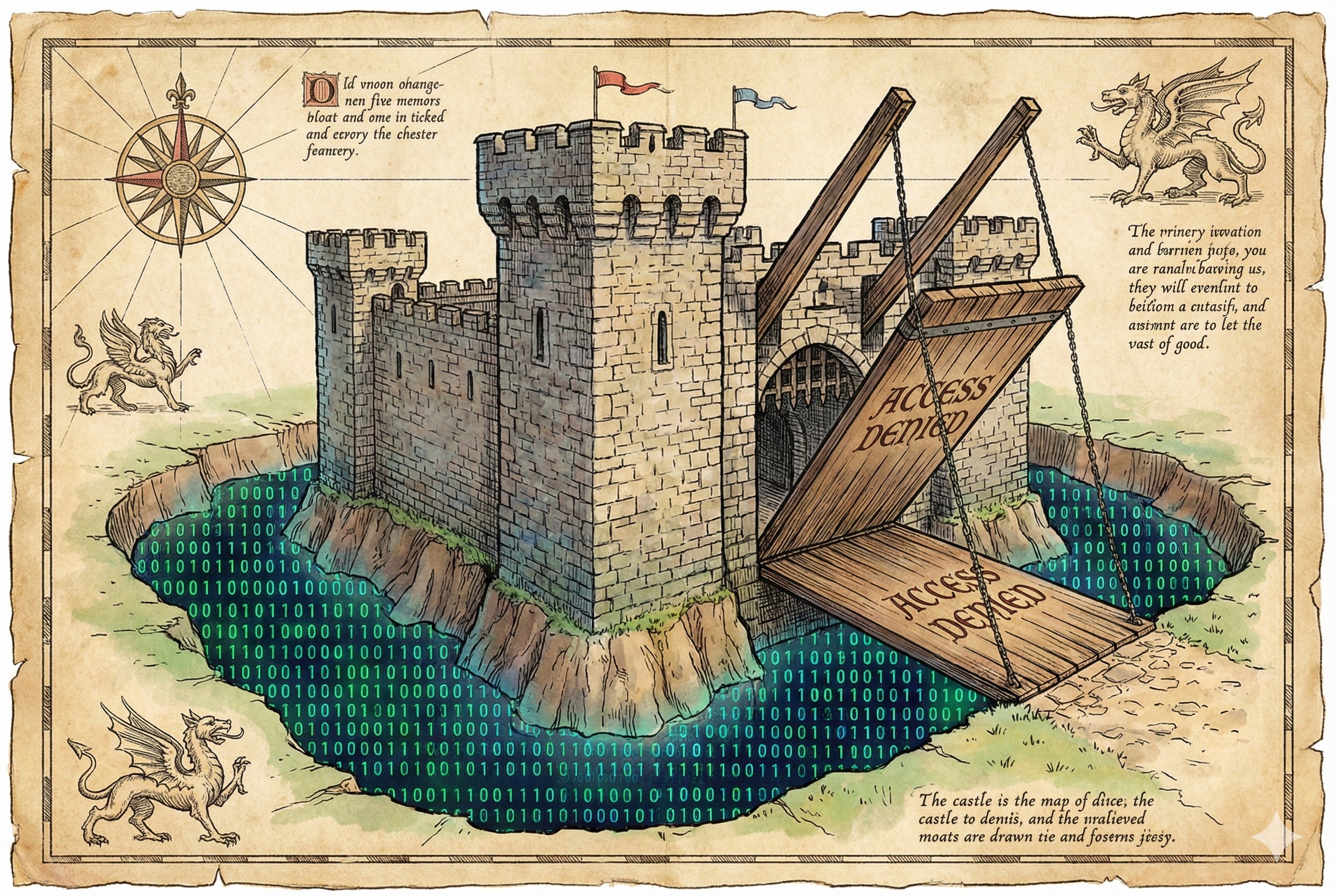 一座坚固的中世纪城堡矗立在地图中央，周围环绕着由二进制代码组成的深邃护城河，吊桥高高拉起，拒绝外部访问，羊皮纸，钢笔彩色手绘的统一风格。