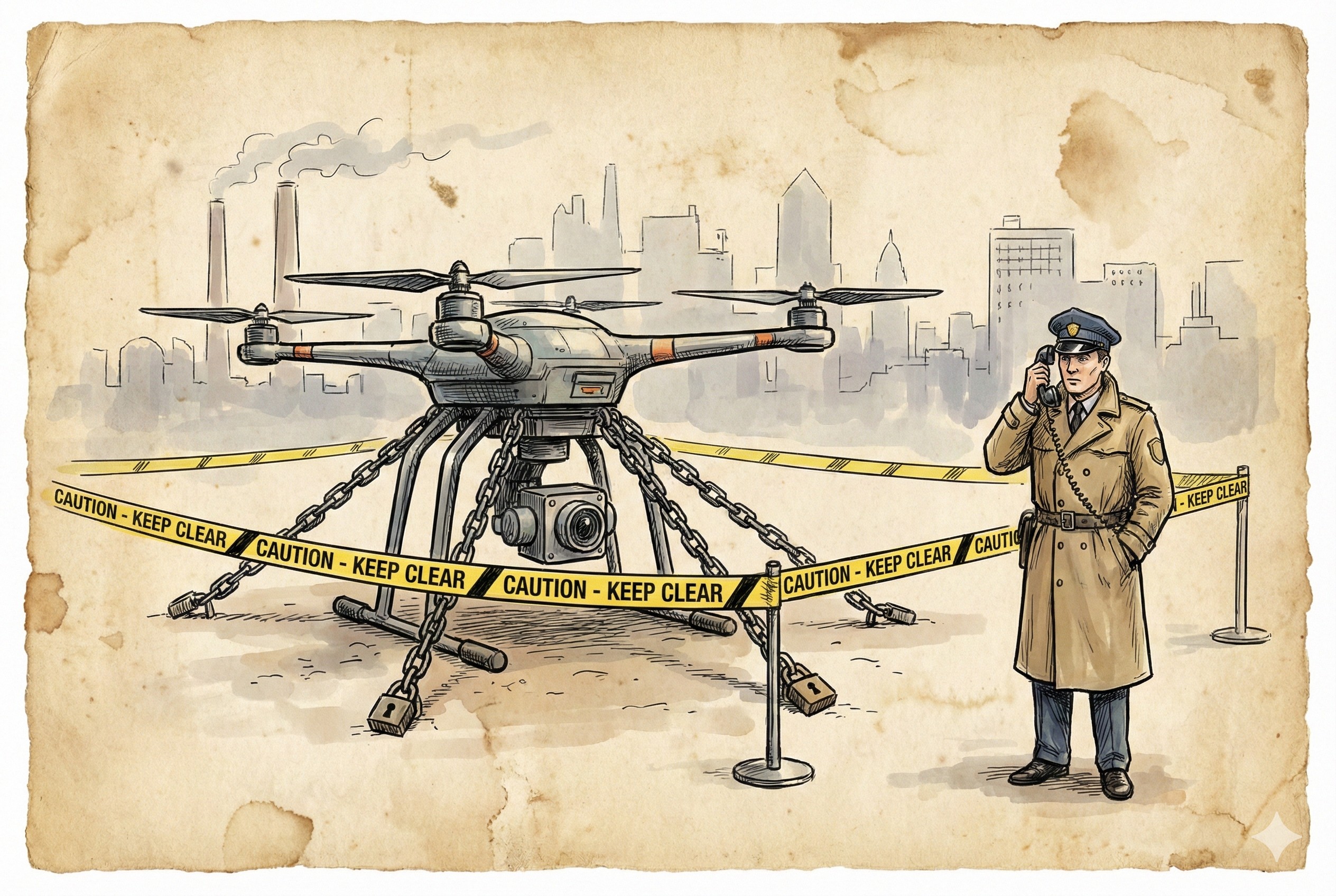 一架被铁链锁在地面的无人机，周围拉着黄色的警戒线，旁边站着一位制服人员拿着电话，背景是模糊的城市轮廓，羊皮纸，钢笔彩色手绘的统一风格。