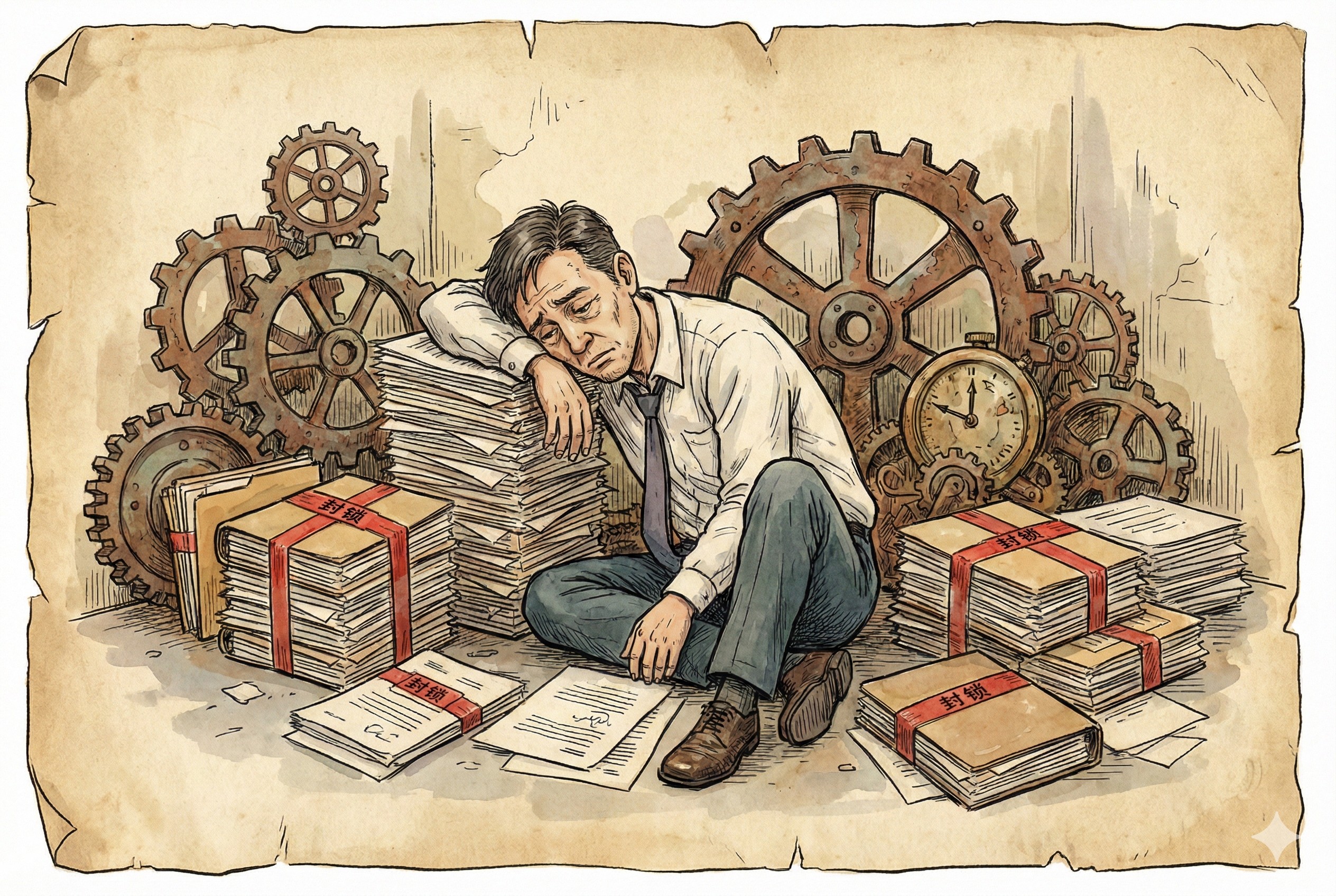 一个疲惫的创业者面对着堆积如山的文件和红色的封条，无奈地选择躺在地上休息，周围是静止不动的齿轮，羊皮纸，钢笔彩色手绘的统一风格。