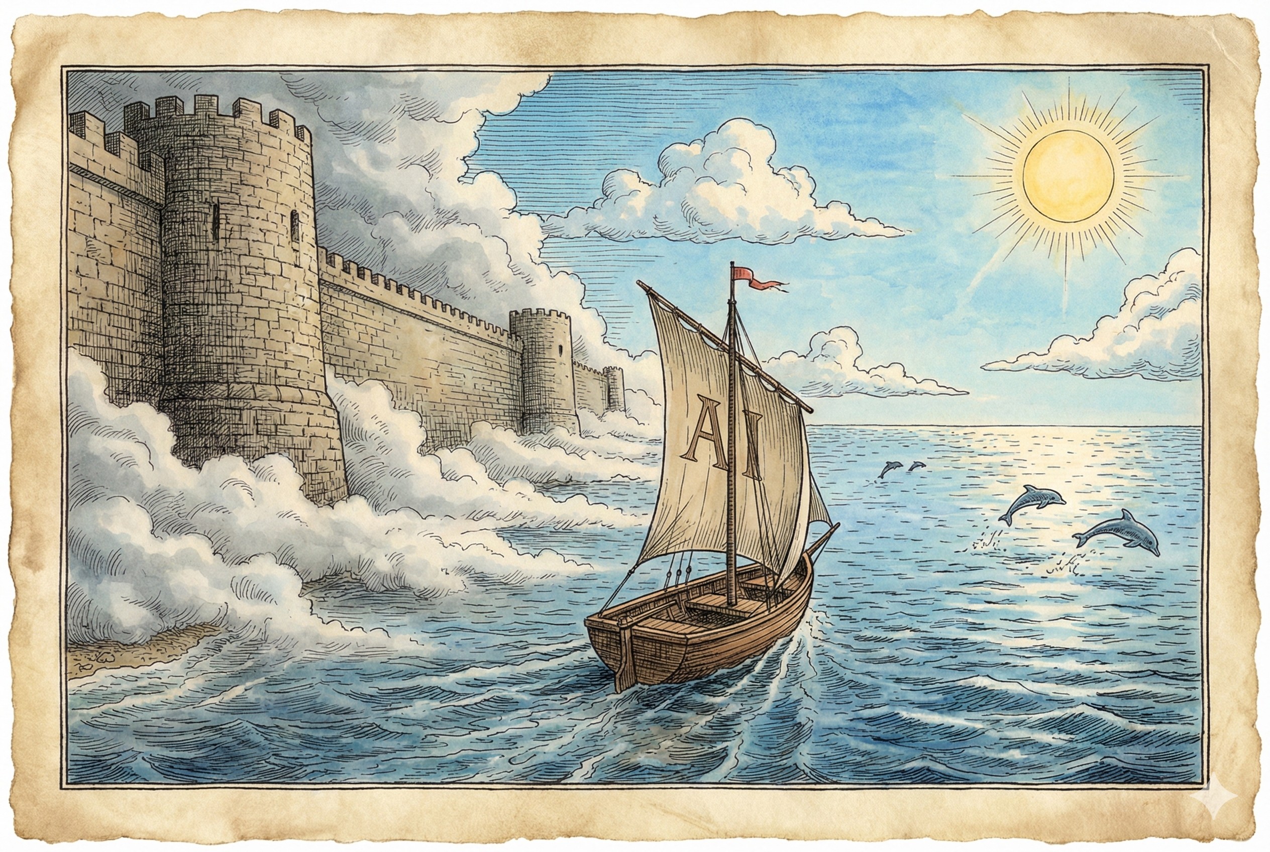 一艘扬帆起航的小船驶离被迷雾和围墙笼罩的海岸，驶向阳光明媚、海阔天空的远方，船帆上印着AI的标志，羊皮纸，钢笔彩色手绘的统一风格。