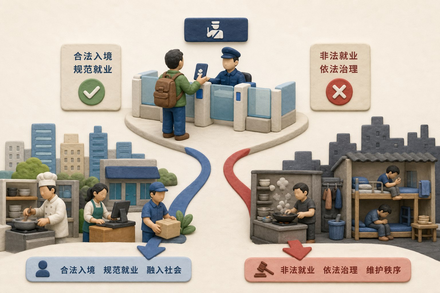 入境闸门前分出两条路径,一侧是持护照接受查验的外国旅客,另一侧连接城市后厨与出租屋剪影,用箭头表现合法入境与非法就业治理的区别,不显示国旗、数字或日期,浅色背景的商业评论版橡皮泥平面信息图的统一风格。