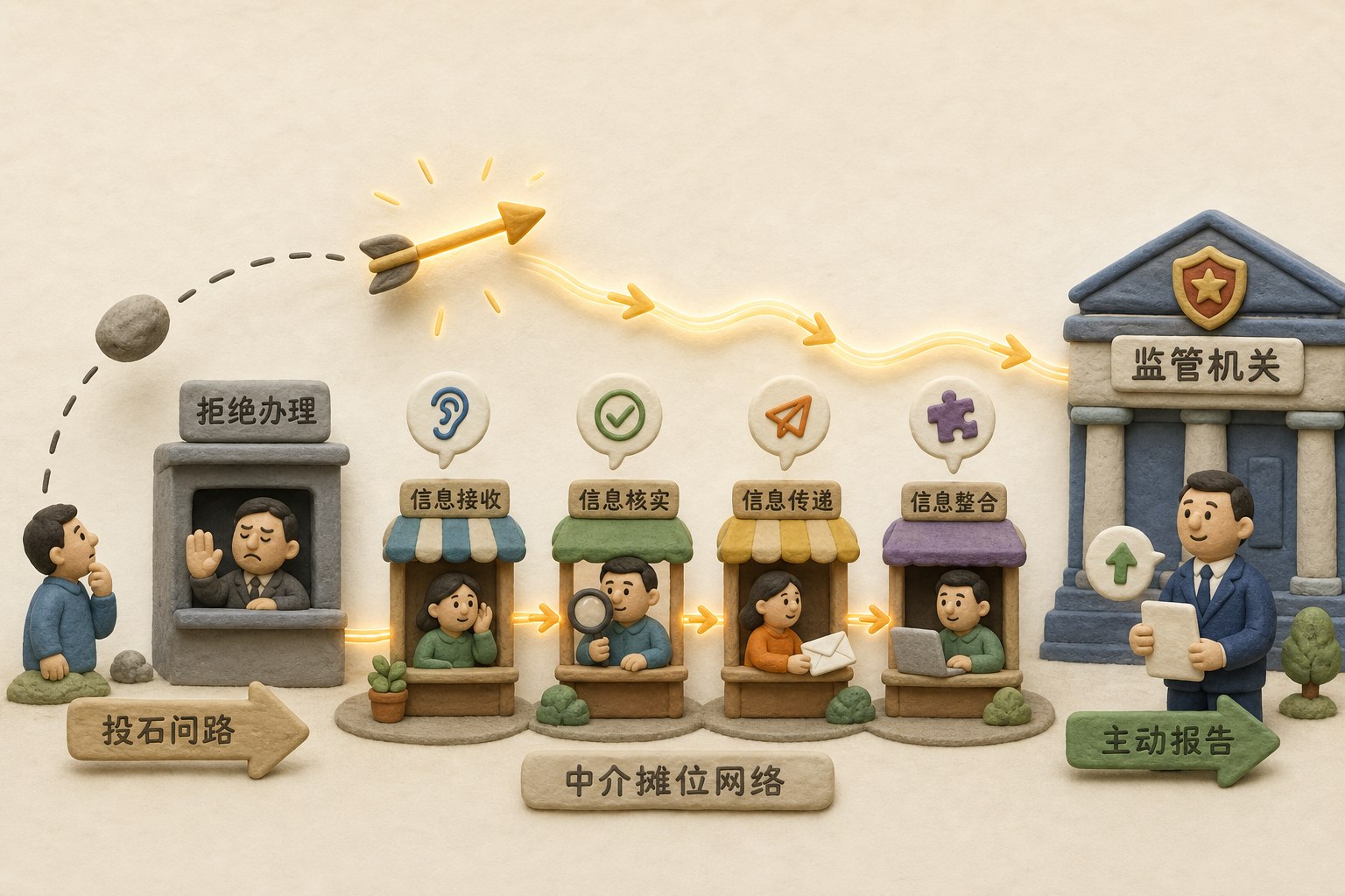 一颗用于投石问路的小石头在半空转化为发光响箭,信号沿着中介摊位网络传向监管机关,表现从拒绝办理到主动报告的变化,不显示具体人数、数字或日期,浅色背景的商业评论版橡皮泥平面信息图的统一风格。