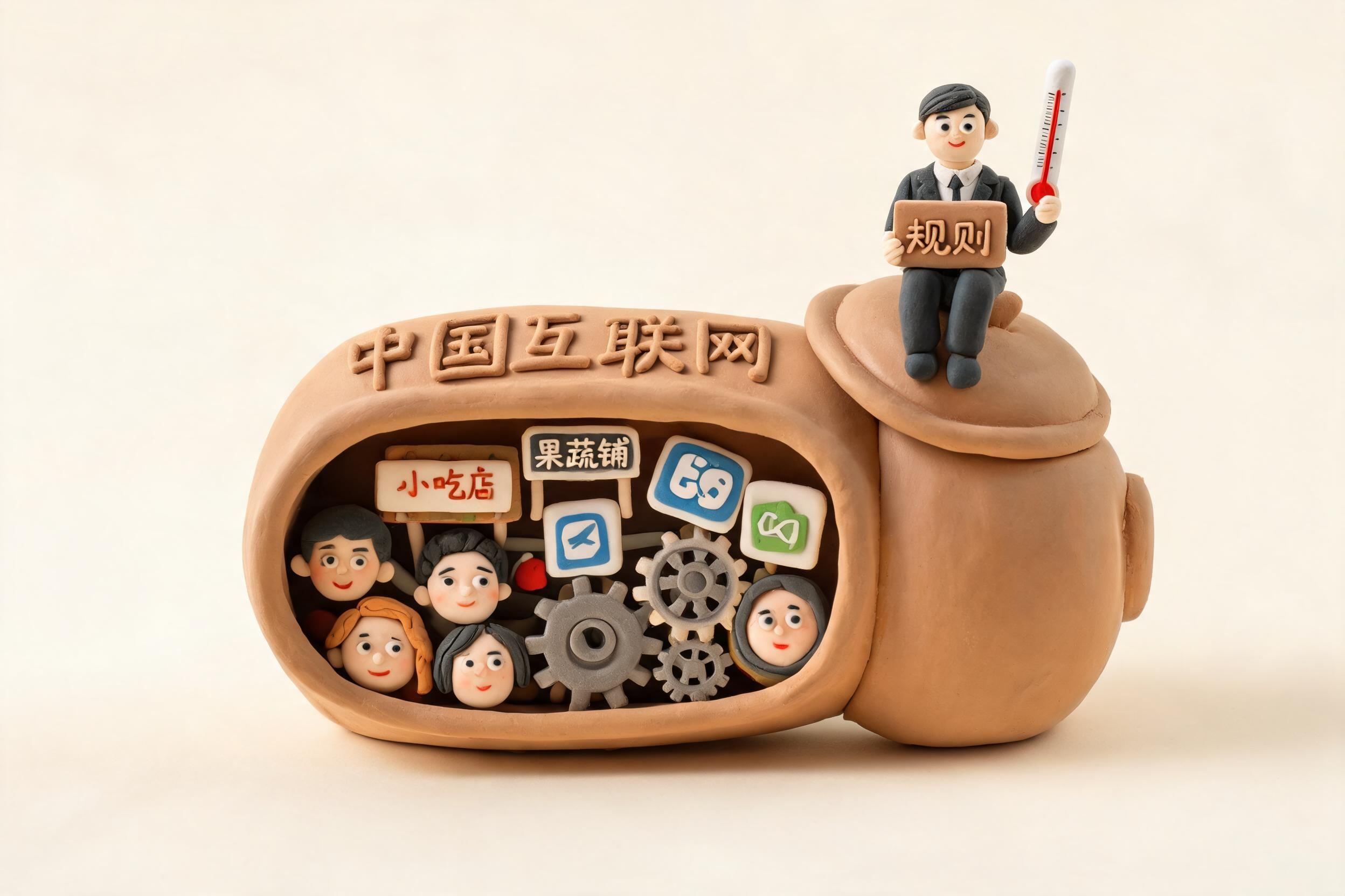 一口写着“中国互联网”的大陶罐横放在画面中央,里面有消费者头像、小商家招牌、平台图标和算法齿轮互相碰撞,罐盖上坐着拿温度计和规则板的管理者,浅色背景的商业评论版橡皮泥平面信息图的统一风格。