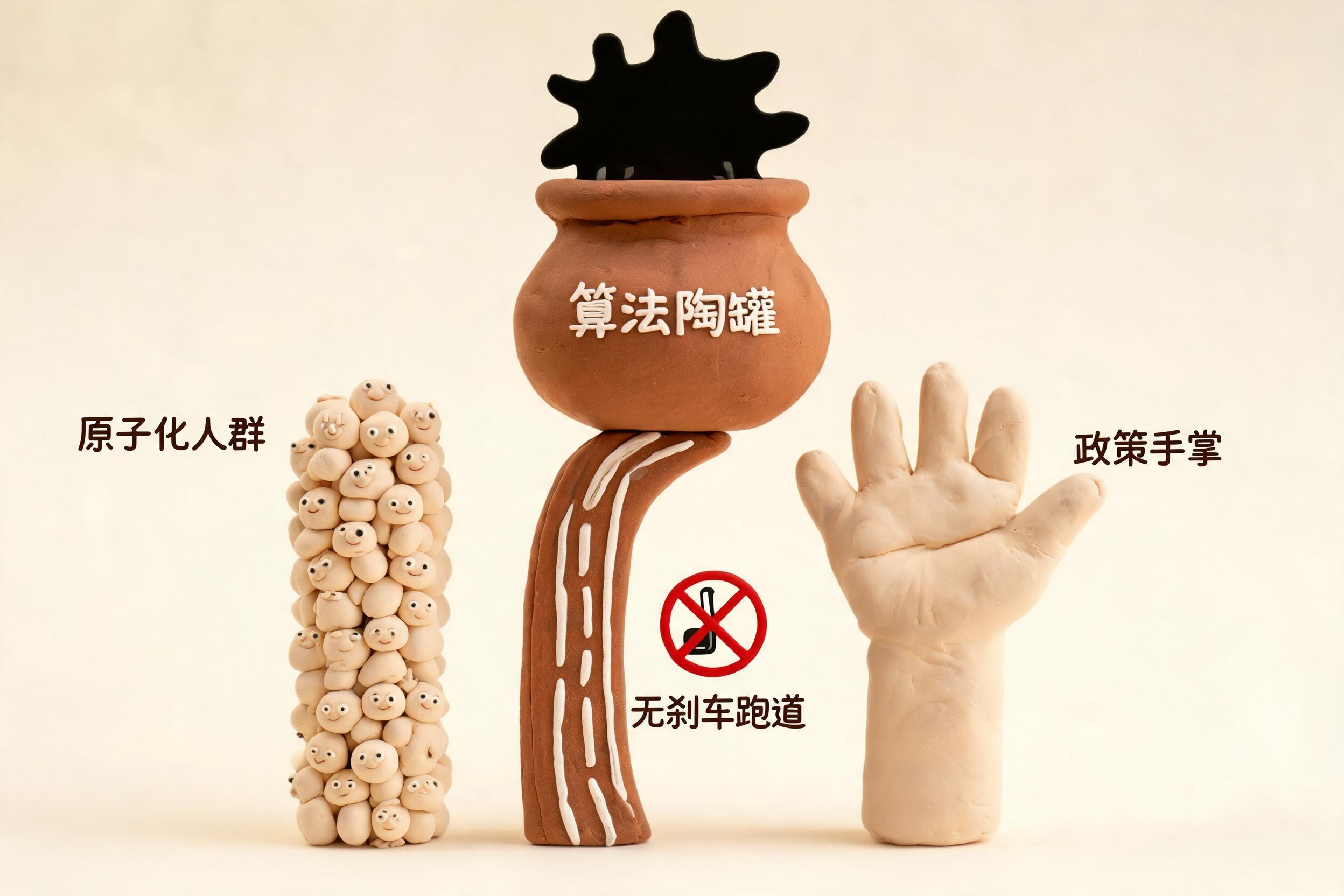 三根支柱托起一口算法陶罐,支柱分别画成原子化人群、没有刹车的跑道和巨大的政策手掌,罐中升起平台怪物剪影,浅色背景的商业评论版橡皮泥平面信息图的统一风格。