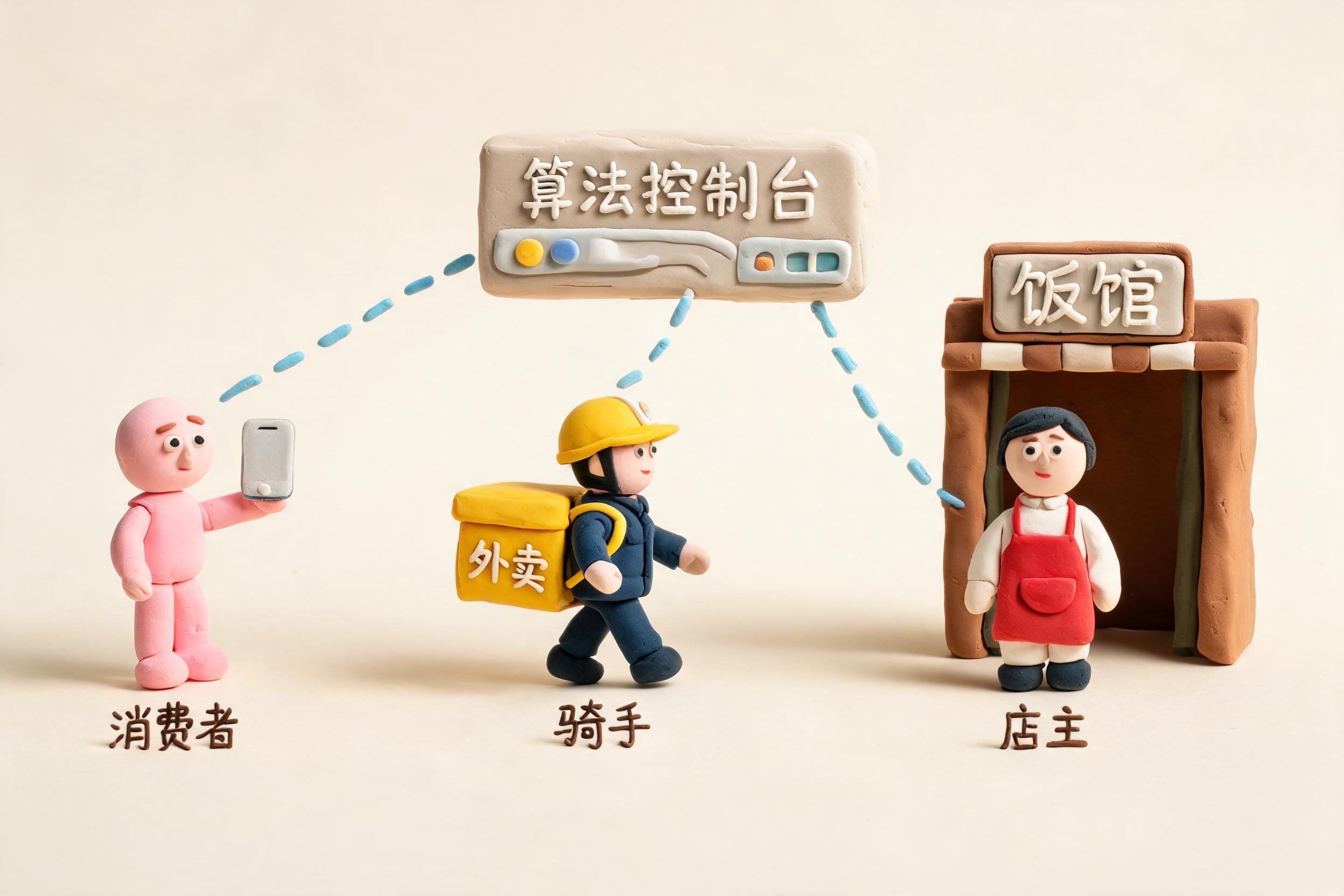 三组橡皮泥人物围绕同一个算法控制台站立,左侧是拿手机的消费者,中间是背着外卖箱的骑手,右侧是站在小饭馆门口的店主,控制台上方连着同一张数据网络,浅色背景的商业评论版橡皮泥平面信息图的统一风格。