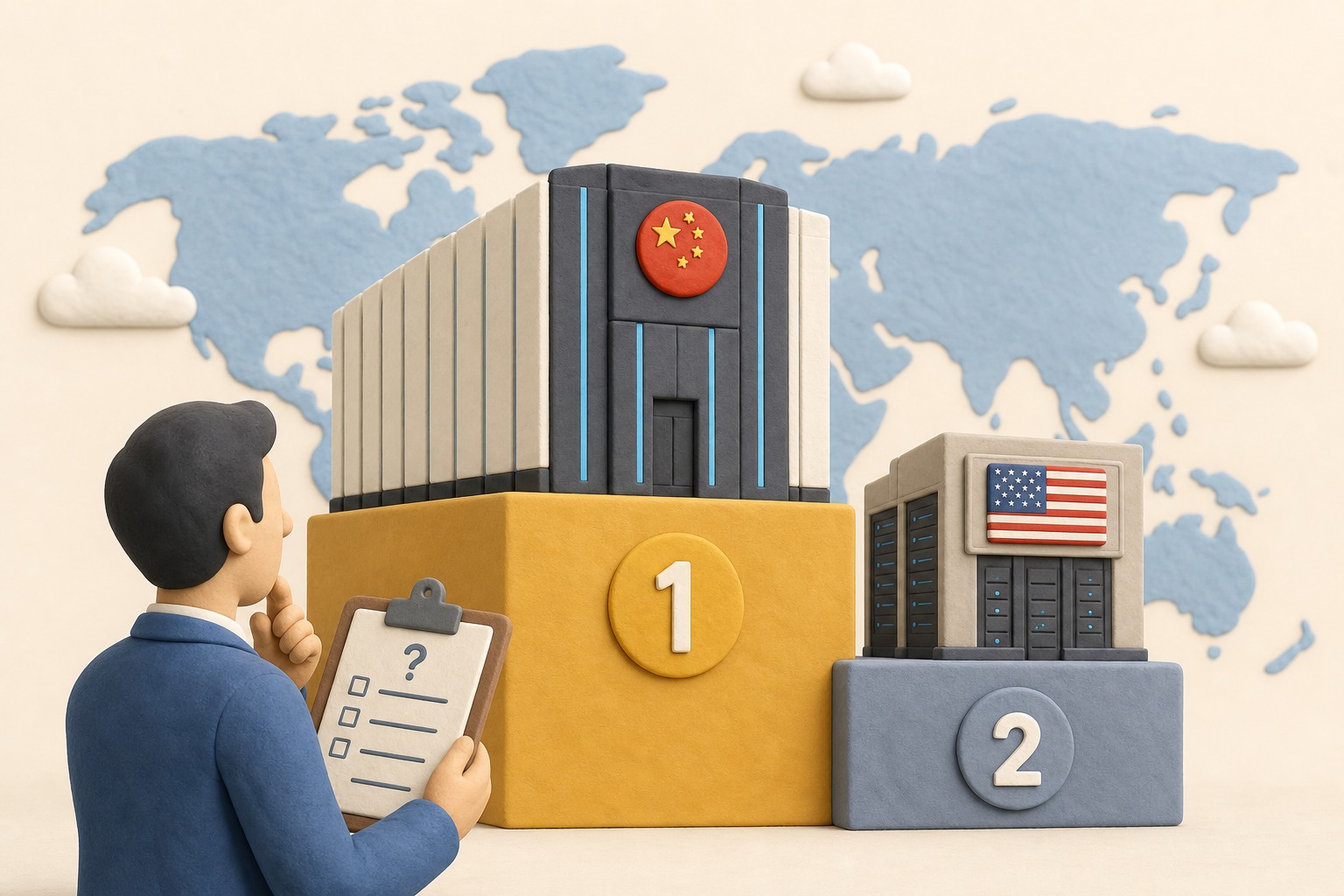中国超算灵晟以巨型机房轮廓站在世界排行榜顶端，旁边是被挤到第二位的美国超算标牌，前景有主持人拿着问题清单观察榜单，浅色背景的商业评论版橡皮泥平面信息图的统一风格。