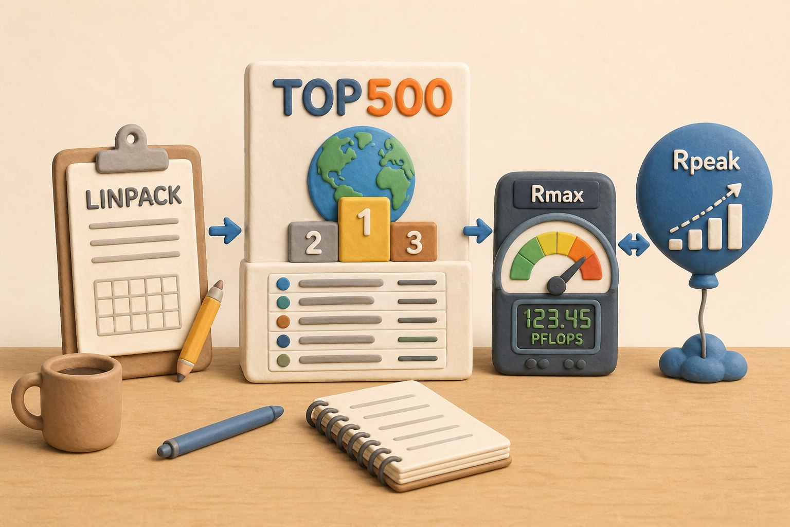 一张写着 TOP500 的全球成绩单放在桌面中央，LINPACK 试卷、Rmax 实测仪表和 Rpeak 理论峰值气球并列对比，浅色背景的商业评论版橡皮泥平面信息图的统一风格。