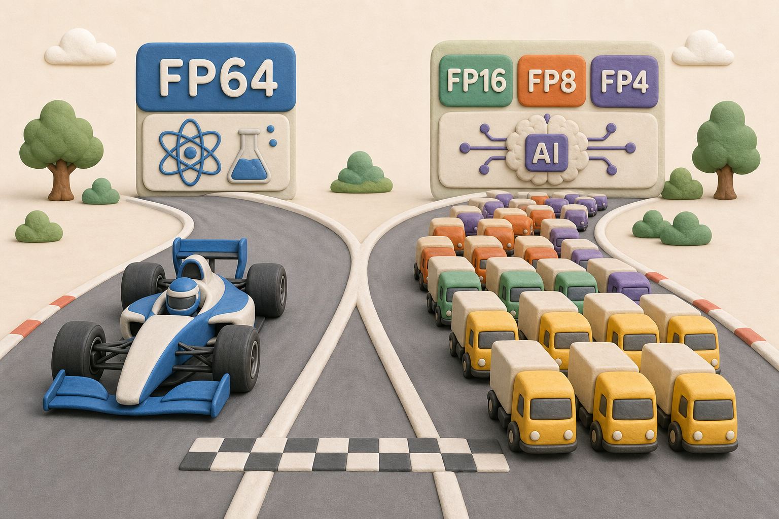 左侧 F1 赛车标注 FP64 精准科学计算，右侧万人货运车队标注 FP16、FP8、FP4 的 AI 吞吐量，两条赛道分叉前进，浅色背景的商业评论版橡皮泥平面信息图的统一风格。