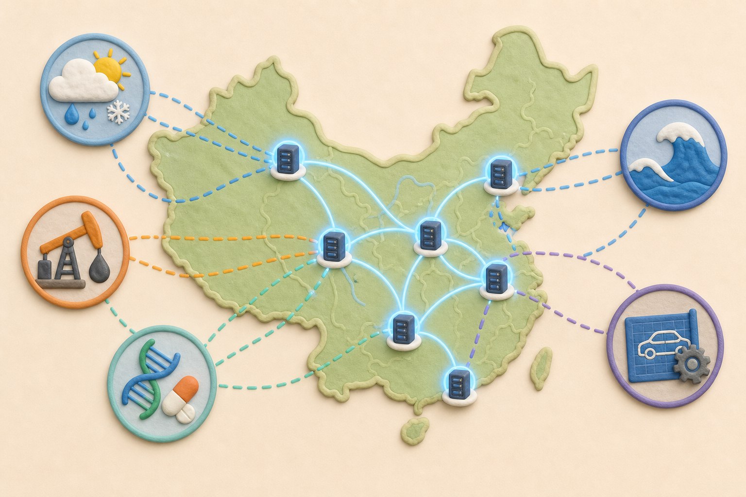 中国地图上分布深圳、天津、广州、无锡、济南、郑州、昆山等超算节点，每个节点连向天气、油气、生物医药、海洋和工业设计图标，浅色背景的商业评论版橡皮泥平面信息图的统一风格。