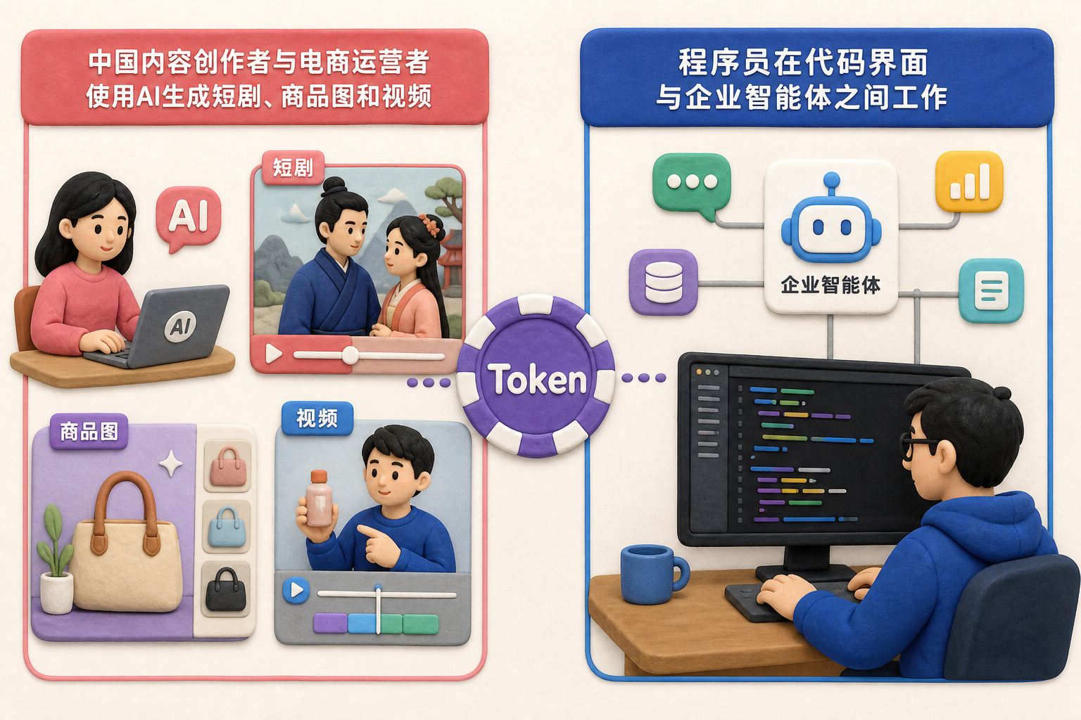 封面构图，画面左右分区，左侧是中国内容创作者与电商运营者使用AI生成短剧、商品图和视频，右侧是程序员在代码界面与企业智能体之间工作，中间以一枚写有“Token”的筹码连接两边，只呈现中美使用场景差异，不显示具体数字、日期、比例、排名或因果关系；采用正视平面排版、二维信息图构图和轻微橡皮泥质感，不使用透视景深、微缩景观或
