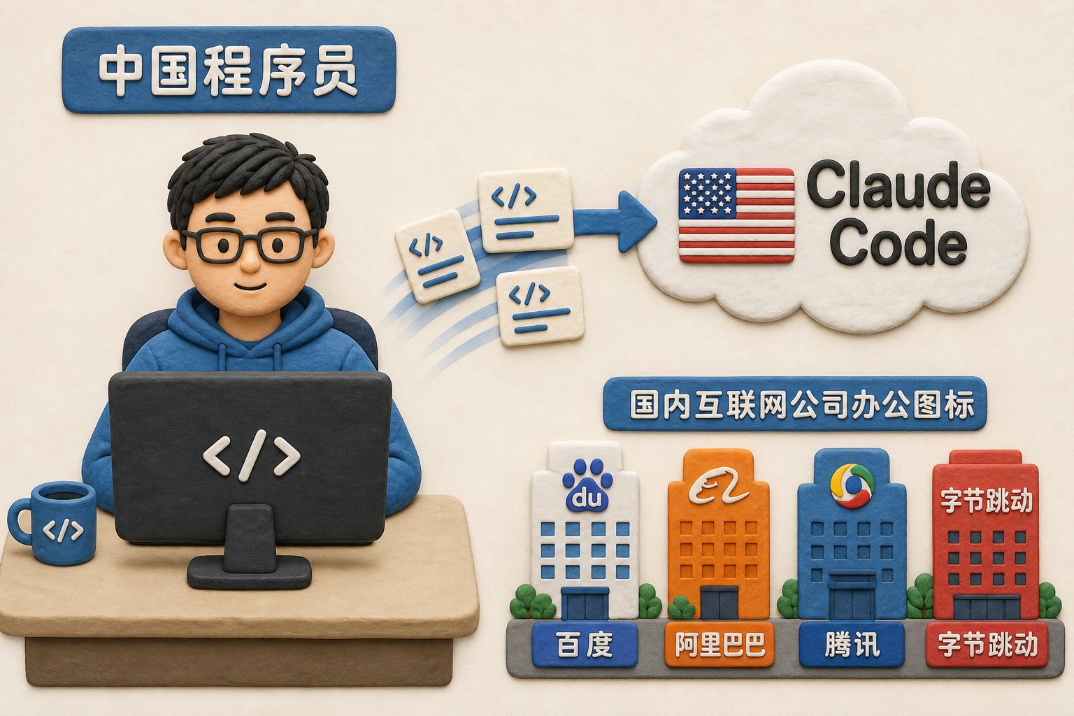 中国程序员坐在正视的代码工作台前，指令卡片流向标有“Claude Code”的美国模型云端，旁边摆放国内互联网公司办公图标，强调使用者与模型来源并非同一归属；不显示具体数字、日期、比例或排名