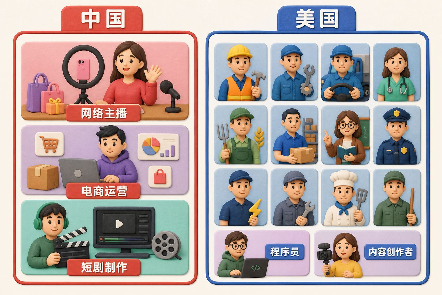 正视的左右两栏职业结构信息图，左栏标有“中国”，只放网络主播、电商运营和短剧制作三组醒目人物卡片；右栏标有“美国”，以传统产业岗位为主体，只放少量程序员和内容创作者小卡片