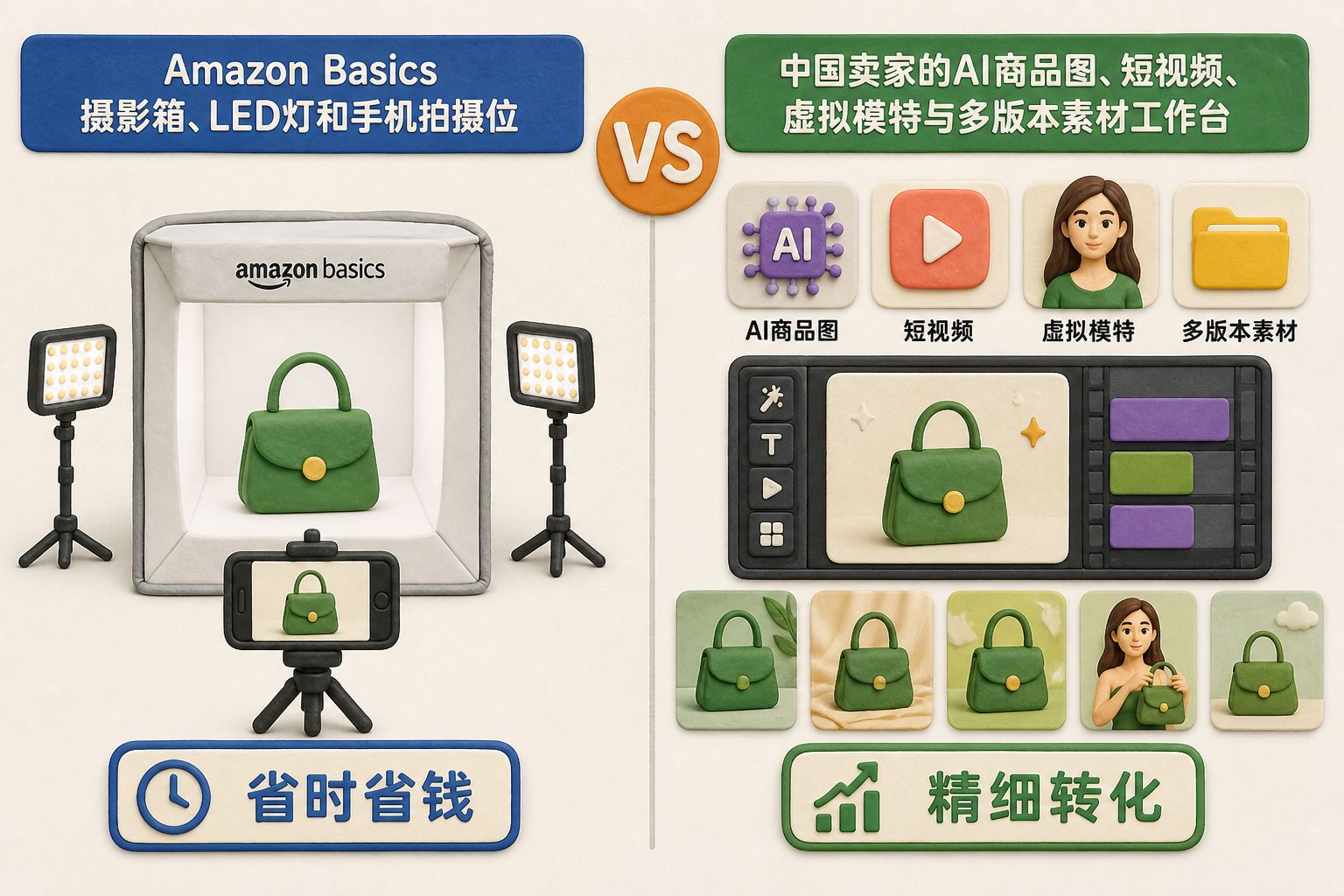 正视对比构图，左侧是Amazon Basics摄影箱、LED灯和手机拍摄位，右侧是中国卖家的AI商品图、短视频、虚拟模特与多版本素材工作台，表现省时省钱与精细转化两套做法；不显示具体数字、日期、比例或排名