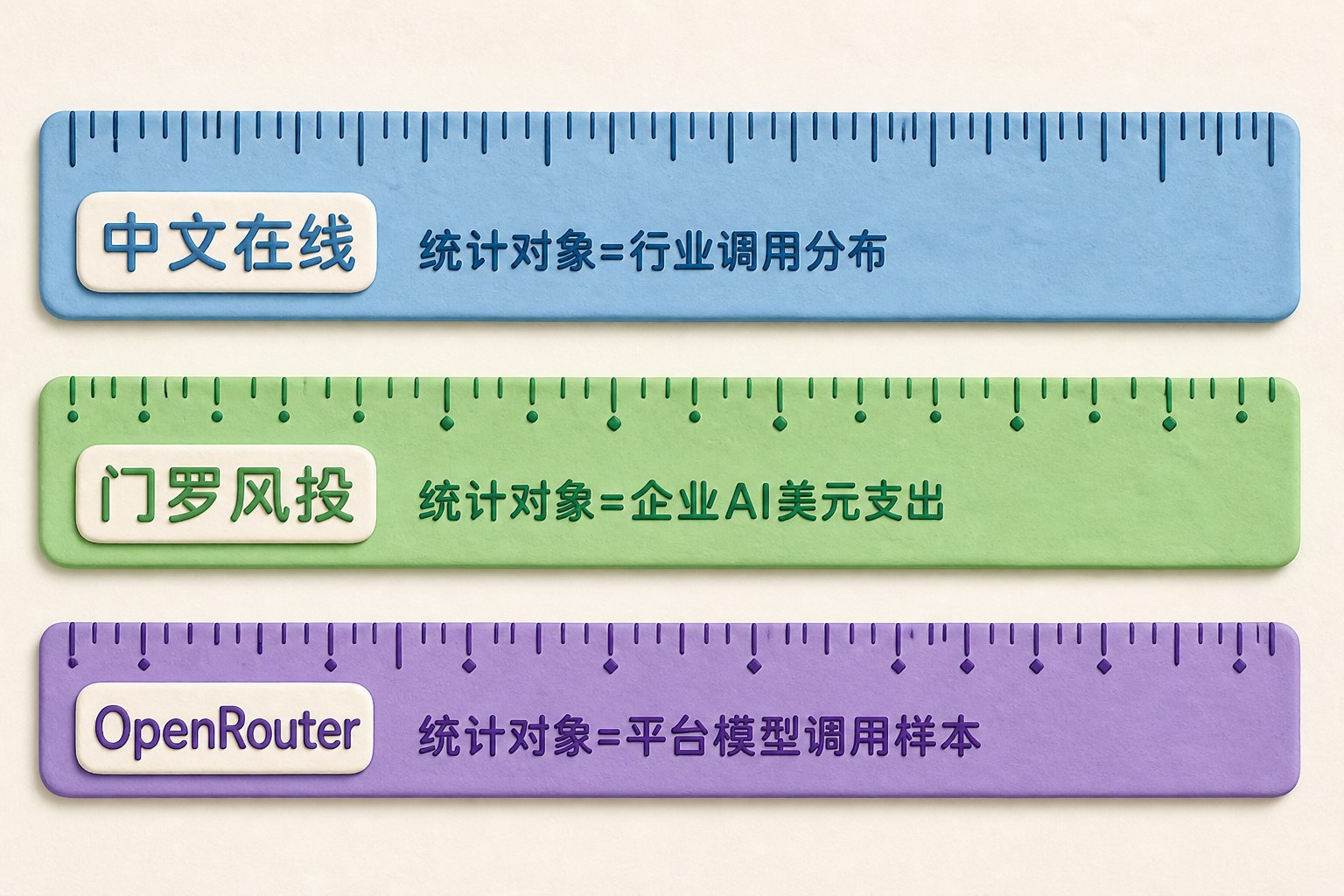 三把平行摆放但刻度体系不同的平面尺子，分别对应行业调用分布、企业AI美元支出和平台模型调用样本；数据：中文在线｜统计对象=行业调用分布