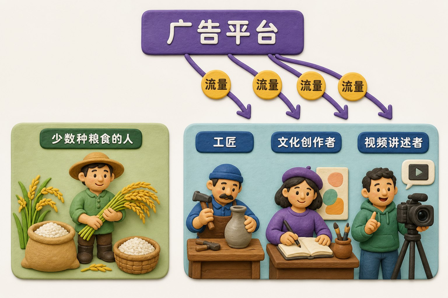 正视的村庄分工与流量分配示意，左侧独立区域是少数种粮食的人和粮食，右侧独立区域是工匠、文化创作者和视频讲述者；只呈现角色与流量关系，不显示具体数字、日期、比例或排名