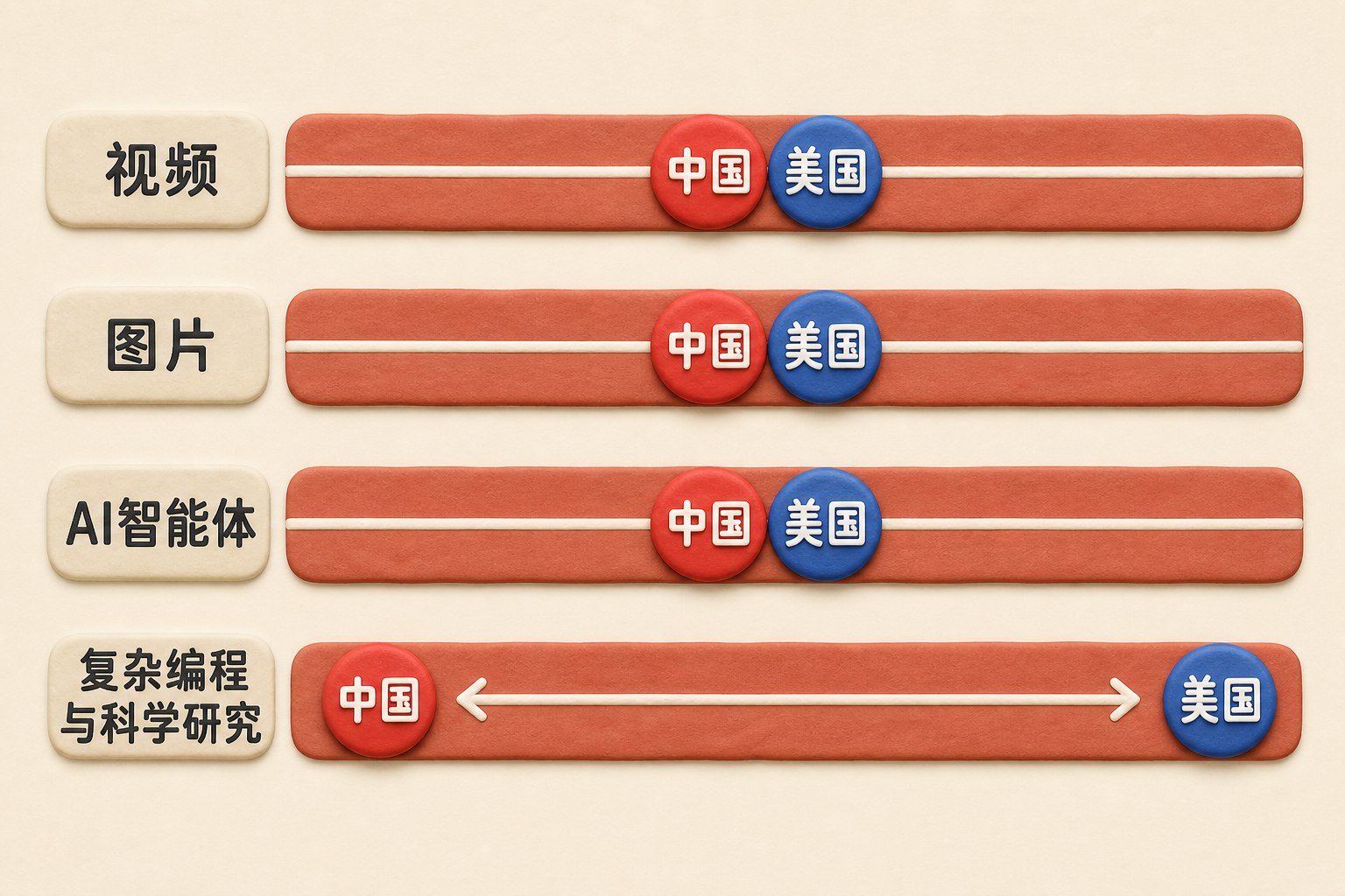 正视的四条水平技术能力对比跑道，每条跑道只放标有“中国”和“美国”的两个圆点；前三条依次标为“视频”“图片”“AI智能体”，每条的中国圆点与美国圆点必须紧挨并行，表示基本追上