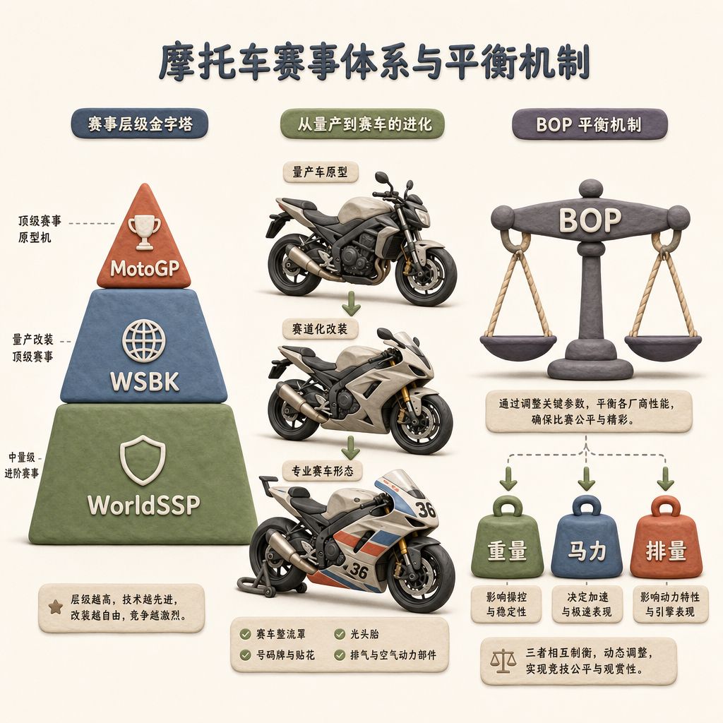 三层赛事金字塔从上到下标出 MotoGP、WSBK、WorldSSP,旁边一辆量产车原型被改装成赛车,右侧有 BOP 天平同时压住重量、马力和排量,浅色背景的商业评论版橡皮泥平面信息图的统一风格。
