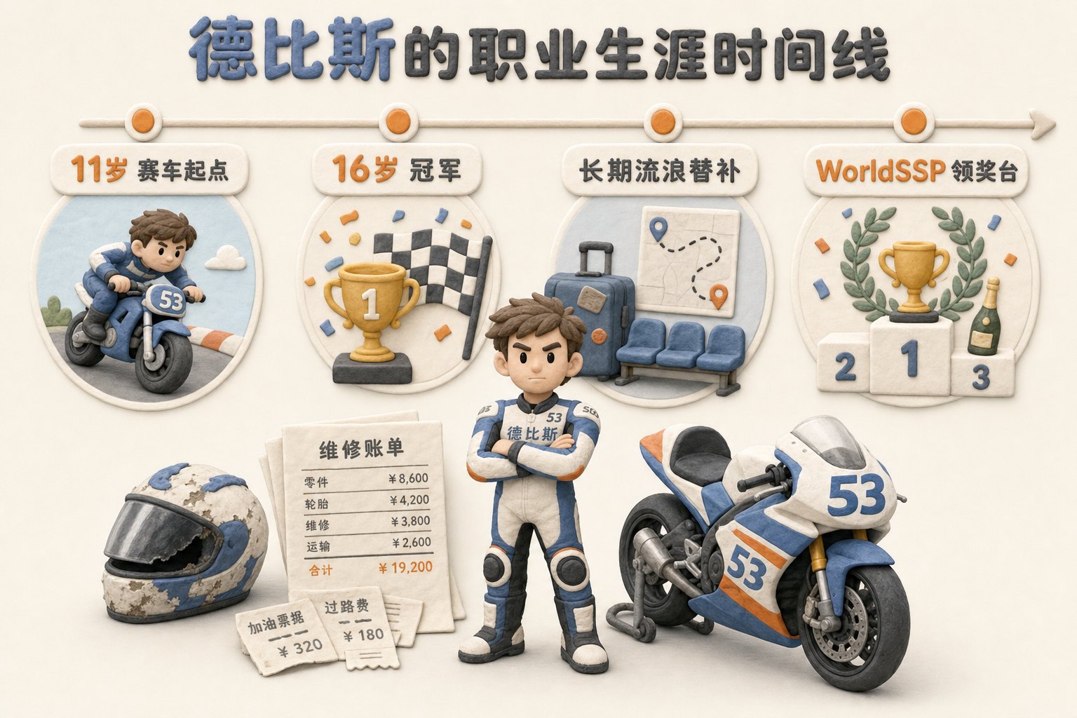 德比斯的职业生涯时间线从 11 岁赛车、16 岁冠军、长期流浪替补到 WorldSSP 领奖台,人物旁边放着旧头盔、维修账单和新的 53 号赛车,浅色背景的商业评论版橡皮泥平面信息图的统一风格。