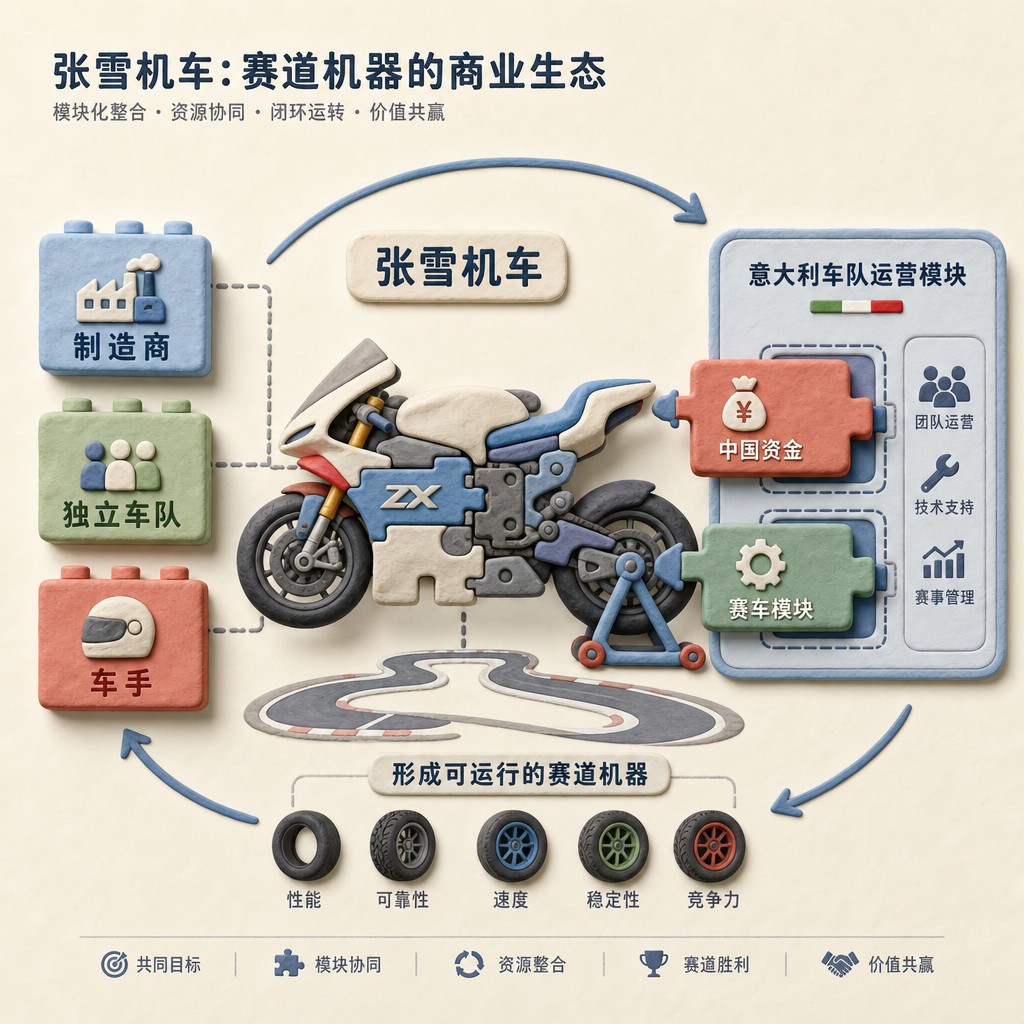 三块积木分别写着制造商、独立车队、车手,张雪机车把中国资金和赛车模块嵌入意大利车队运营模块,形成可运行的赛道机器,浅色背景的商业评论版橡皮泥平面信息图的统一风格。