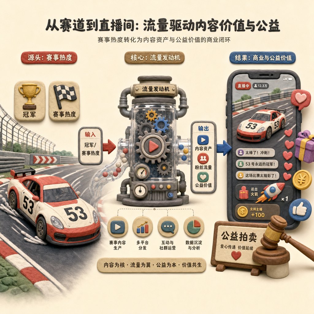 左侧是真实赛道上的 53 号赛车,右侧变成手机直播间、弹幕、礼物火箭和公益拍卖牌,中间用一台“流量发动机”把冠军转化为内容资产,浅色背景的商业评论版橡皮泥平面信息图的统一风格。