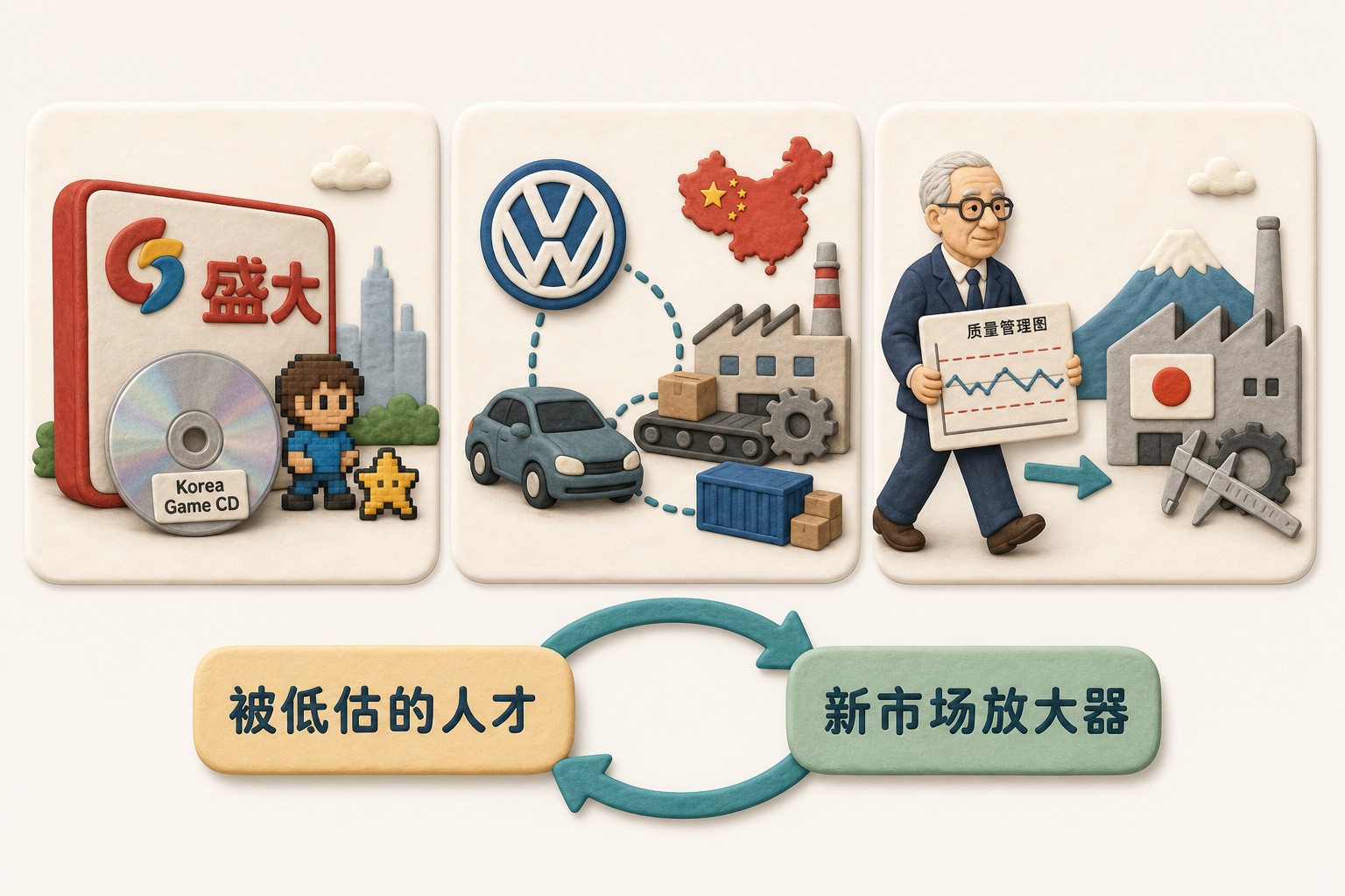 三个并列案例卡片分别画着盛大和韩国游戏光盘、大众汽车与中国供应链工厂、戴明拿着质量管理图表走向日本工厂,底部用循环箭头连接“被低估的人才”和“新市场放大器”,浅色背景的商业评论版橡皮泥平面信息图的统一风格。