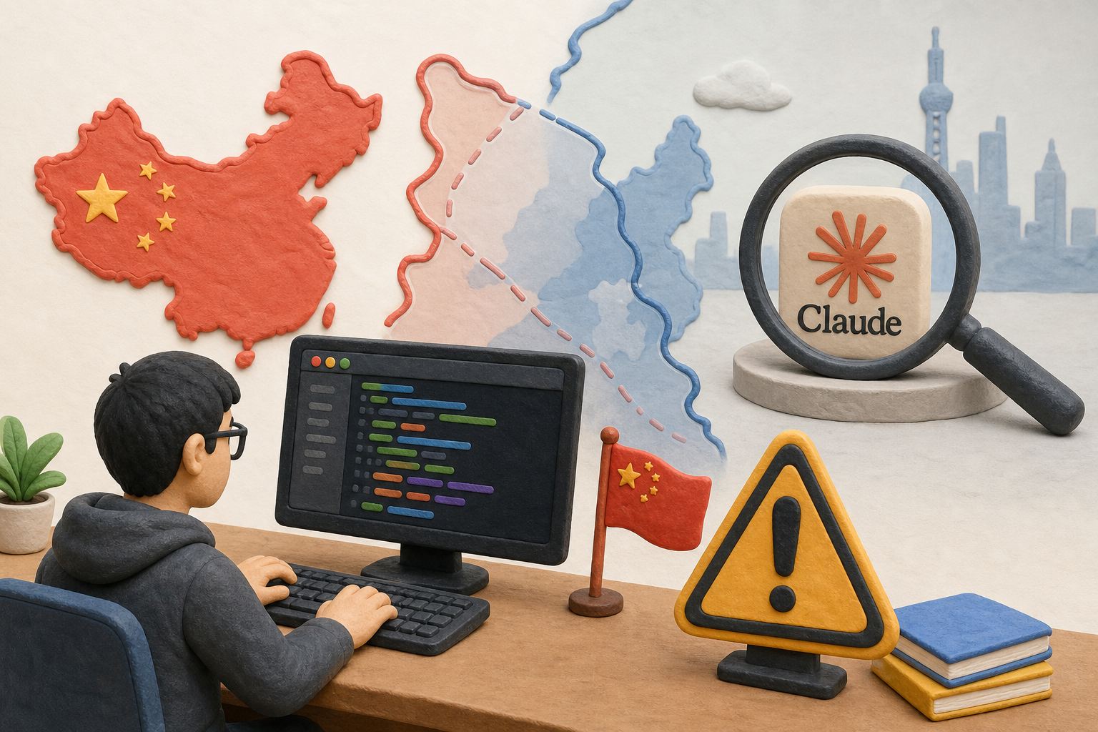 中国开发者桌面上的代码窗口、警示牌和两面半透明国界线交叠,远处有 Claude 字样工具图标被放大镜审视,浅色背景的商业评论版橡皮泥平面信息图的统一风格。