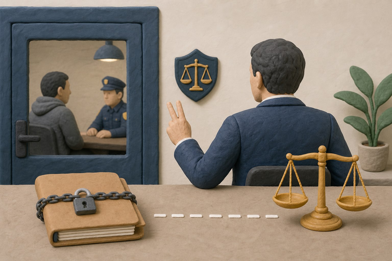 审讯室外一名律师背对嫌疑人向警察打出隐蔽手势,桌上有锁住的文件夹和信任天平,浅色背景的商业评论版橡皮泥平面信息图的统一风格。