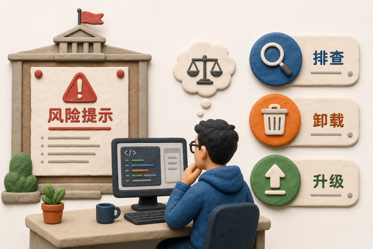 政府公告板上贴着风险提示文件,旁边三枚按钮分别写着排查、卸载、升级,程序员站在电脑前权衡选择,浅色背景的商业评论版橡皮泥平面信息图的统一风格。