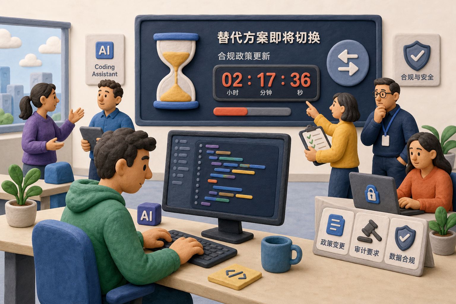 大厂办公室里不同岗位的人围着 AI 编程工具工作,前景程序员继续敲代码,背景通知屏显示替代方案倒计时,浅色背景的商业评论版橡皮泥平面信息图的统一风格。