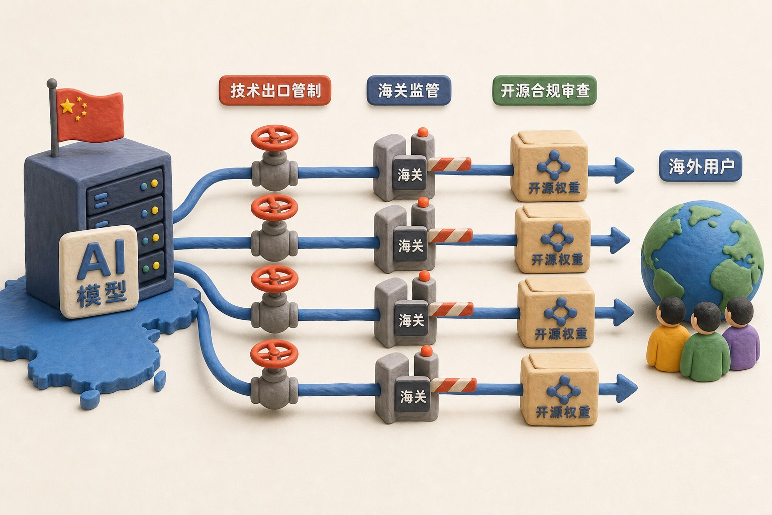中国模型服务器向海外用户伸出多条连接线,连接线上有阀门、海关闸机和开源权重盒子分层摆放,浅色背景的商业评论版橡皮泥平面信息图的统一风格。