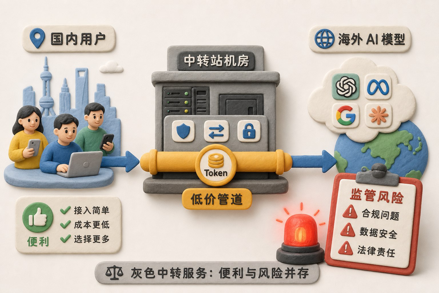 一个中转站机房把国内用户、海外模型和便宜 Token 管道连接起来,旁边有红色执法警灯和风险清单夹板,浅色背景的商业评论版橡皮泥平面信息图的统一风格。