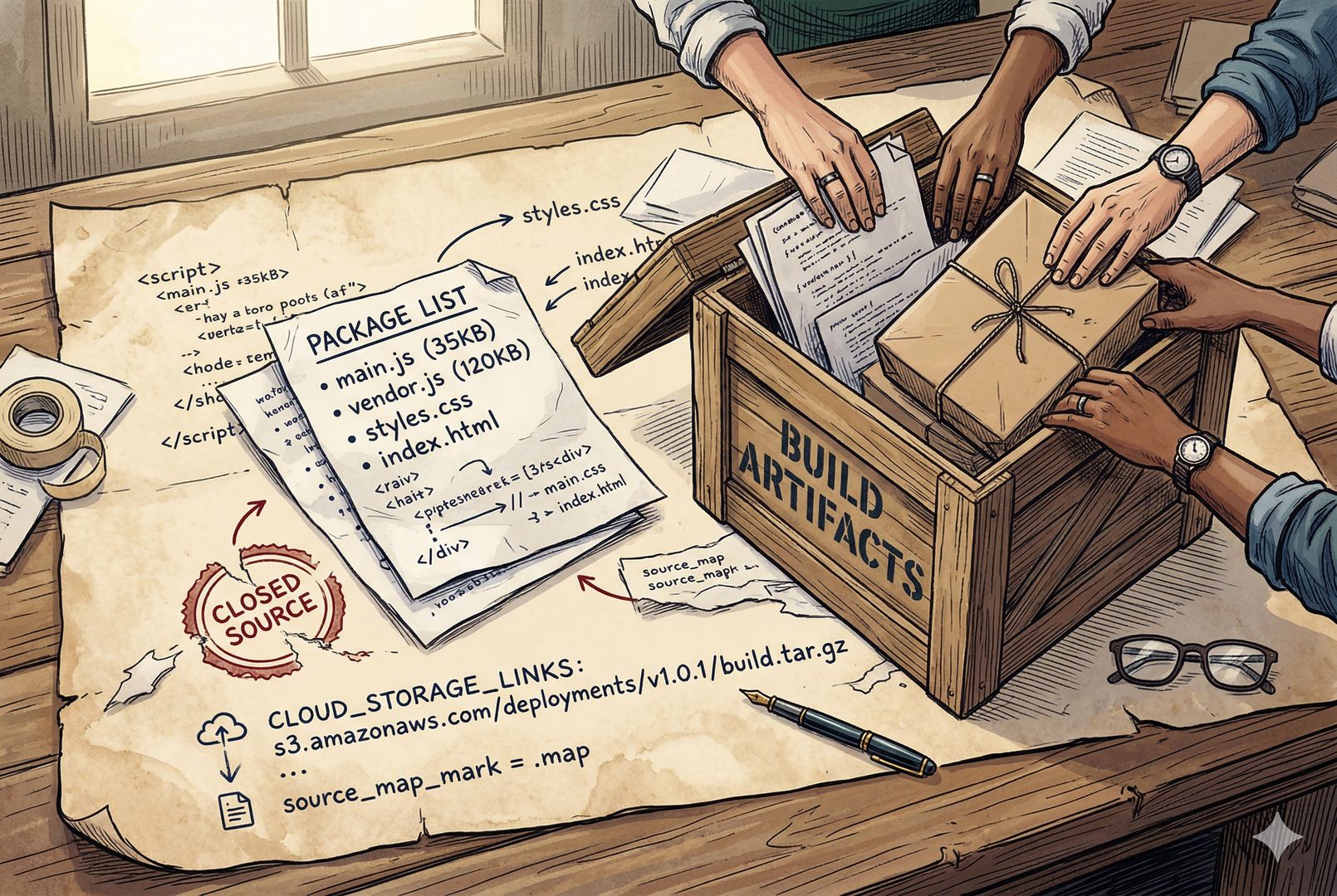 一张摊开的羊皮纸上铺着代码包裹清单、云存储链接、source map 标记和一个被撕开的“closed source”封条，几只手正把打包文件从木箱中抽出，像机密文件意外散落在桌面上，羊皮纸，钢笔彩色手绘的统一风格。