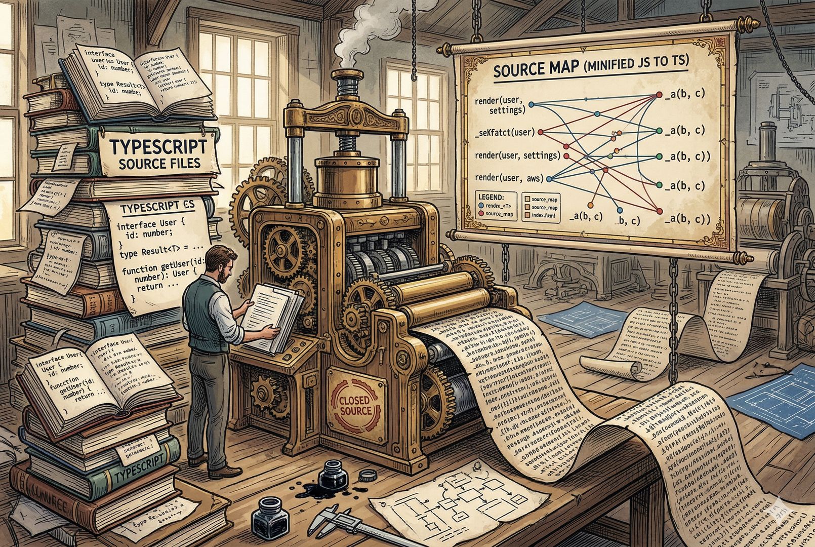 一名工程师站在巨大的打包流水线旁，左边是成叠的 TypeScript 文件，经过齿轮和压缩机后变成一卷难以辨认的 JavaScript 长卷轴，旁边悬挂着标注“source map”的对照图，羊皮纸，钢笔彩色手绘的统一风格。
