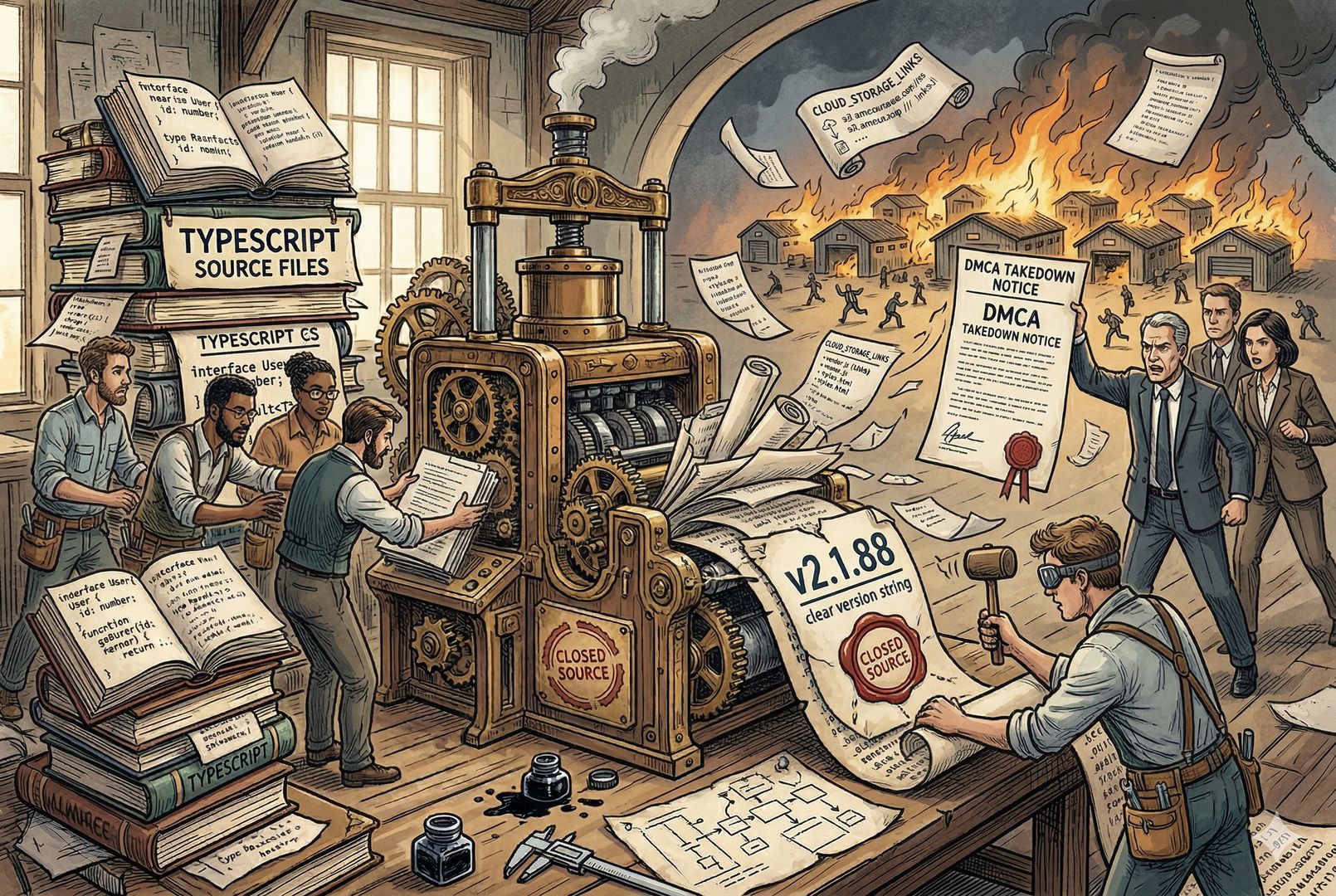一群法务和工程师在翻倒的代码木桶前紧急补漏，有人重新贴上 v2.1.88 标签，有人举着 DMCA 文书追赶四散飞走的代码纸页，远处的仓库镜像已经像野火般蔓延，羊皮纸，钢笔彩色手绘的统一风格。