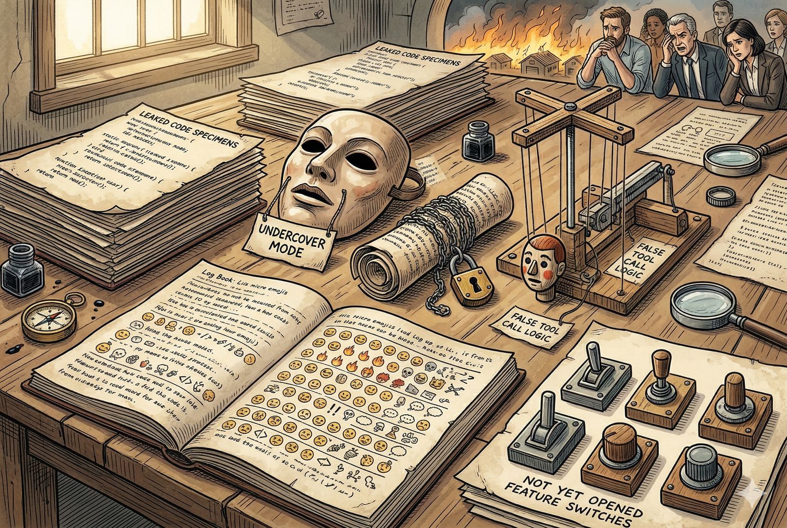一张长桌上摆着泄露代码拆解后的几件“样本”：写着 Undercover Mode 的面具、带锁的思维链卷轴、假工具调用的木偶机关、满是表情符的日志页，以及角落里几个尚未开启的功能开关，羊皮纸，钢笔彩色手绘的统一风格。
