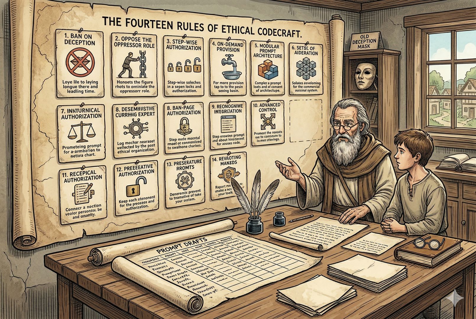 一位导师在羊皮纸墙前给学徒讲解十四条规则，每条规则都写成清晰的小模块卡片：禁令、反对者角色、逐步授权、按需供给、模块化提示词，桌上摆着羽毛笔和整齐的提示词草稿，羊皮纸，钢笔彩色手绘的统一风格。