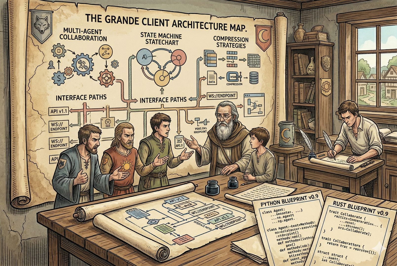 几个竞争对手阵营围着一幅摊开的客户端架构地图，地图上标着多代理协作、状态机、压缩策略、接口路径，另一侧有人正把同一套设计改写成 Python 和 Rust 两种蓝图，羊皮纸，钢笔彩色手绘的统一风格。