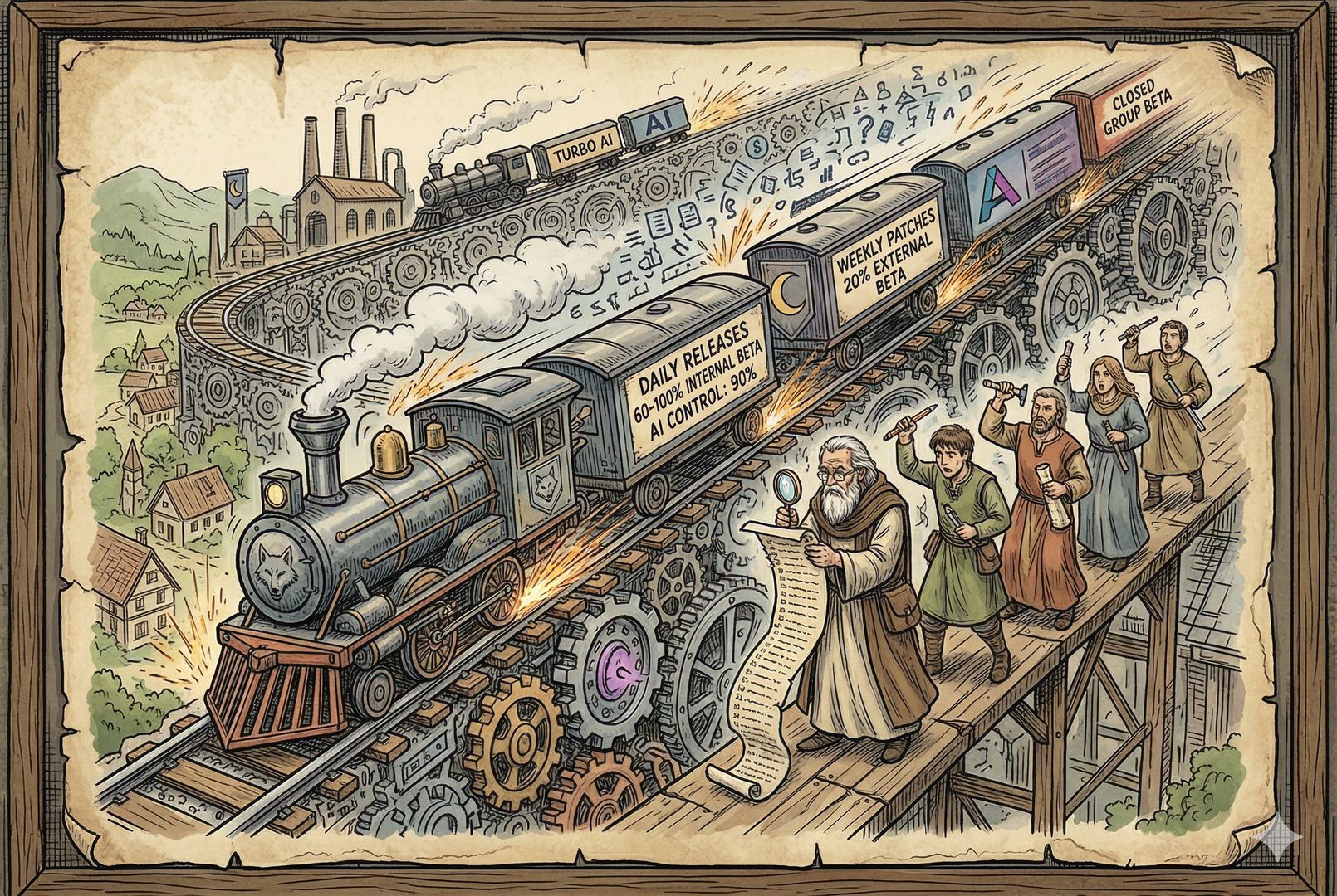 一条陡峭赛道上，多家 AI 公司驾驶着飞快的发布列车冲刺，车厢上写着“日更”“60-100 内测版”“AI 控制 90%”，轨道边的人类审核员举着放大镜和清单，明显跟不上速度，羊皮纸，钢笔彩色手绘的统一风格。