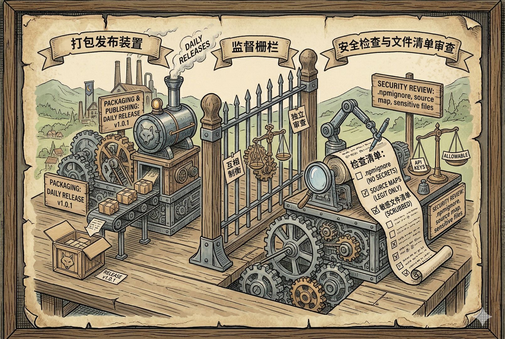 两套独立的小型机械装置在工作，一套负责打包发布，另一套专门检查 .npmignore、source map 和敏感文件清单，彼此隔着一道监督栅栏，像互相制衡的机关系统，羊皮纸，钢笔彩色手绘的统一风格。