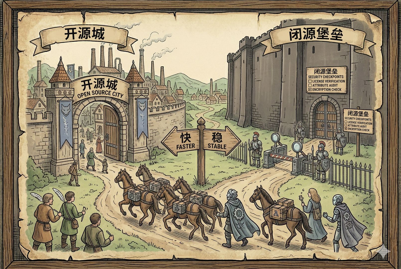 文章收束为一幅对照场景：左侧是敞开的开源城门，右侧是闭源高墙前层层安检哨卡，中间一队开发者和 AI 代理牵着快马继续前行，路牌写着“快”与“稳”的分岔，羊皮纸，钢笔彩色手绘的统一风格。