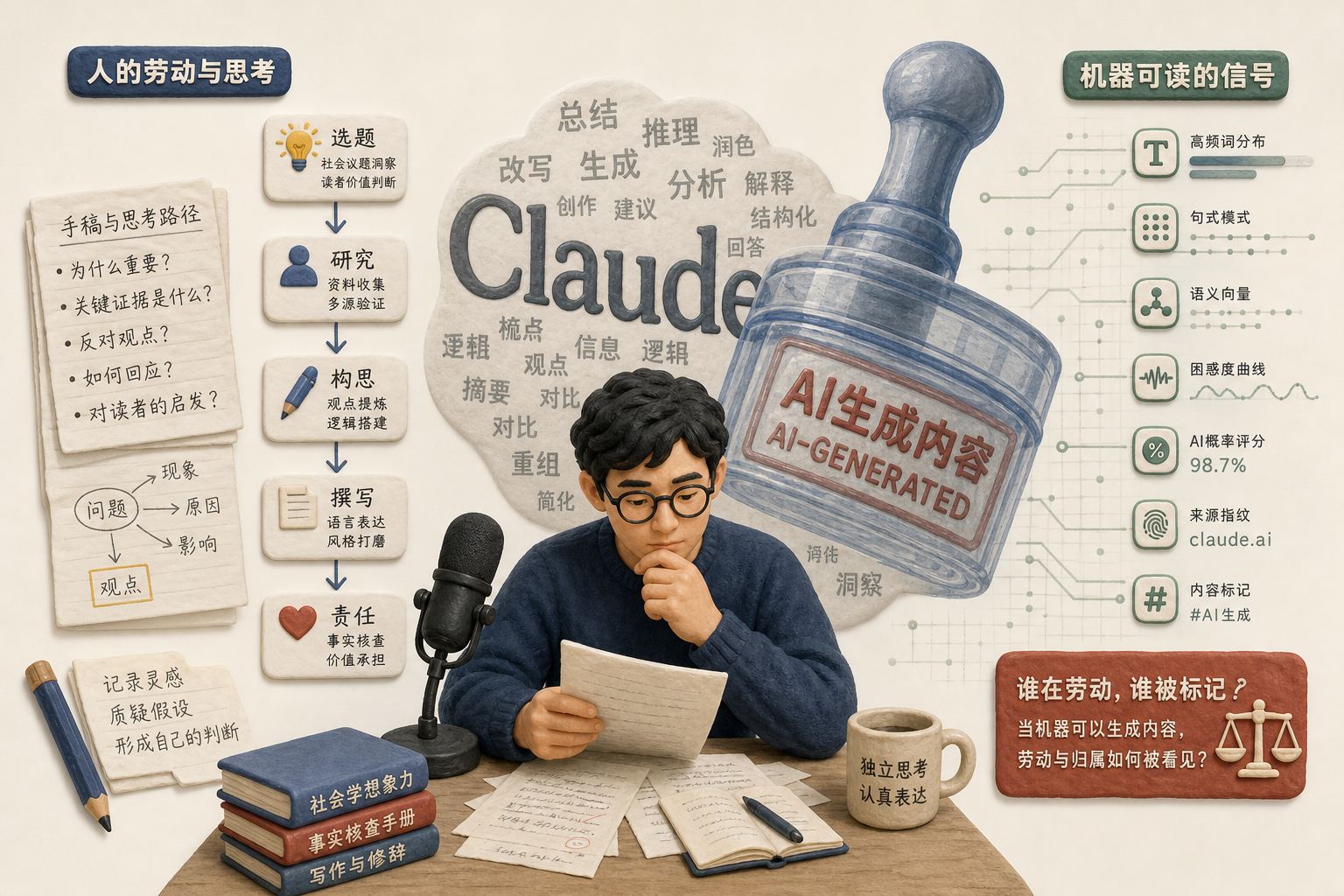 封面构图,一位中文内容创作者坐在话筒前整理稿件,身后巨大的Claude文字云被半透明机器印章覆盖,左侧是人的手稿与思考路径,右侧是机器可读信号网格,形成劳动归属与AI标记的冲突,浅色背景的商业评论版橡皮泥平面信息图的统一风格。