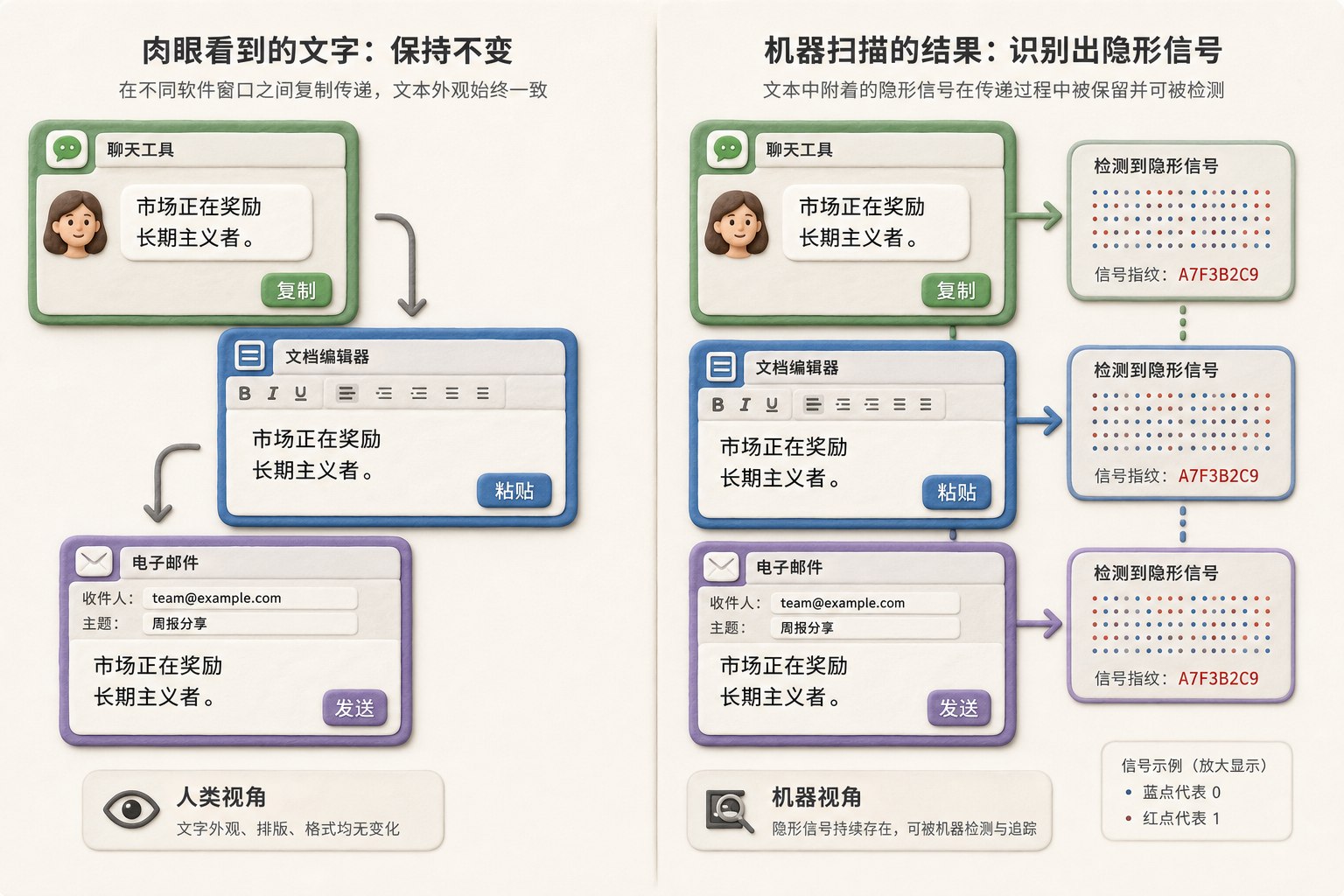 一段中文文本在不同软件窗口之间被复制传递,肉眼看到的文字保持不变,机器扫描器却识别出附着其中的隐形信号,采用左右对照构图,浅色背景的商业评论版橡皮泥平面信息图的统一风格。